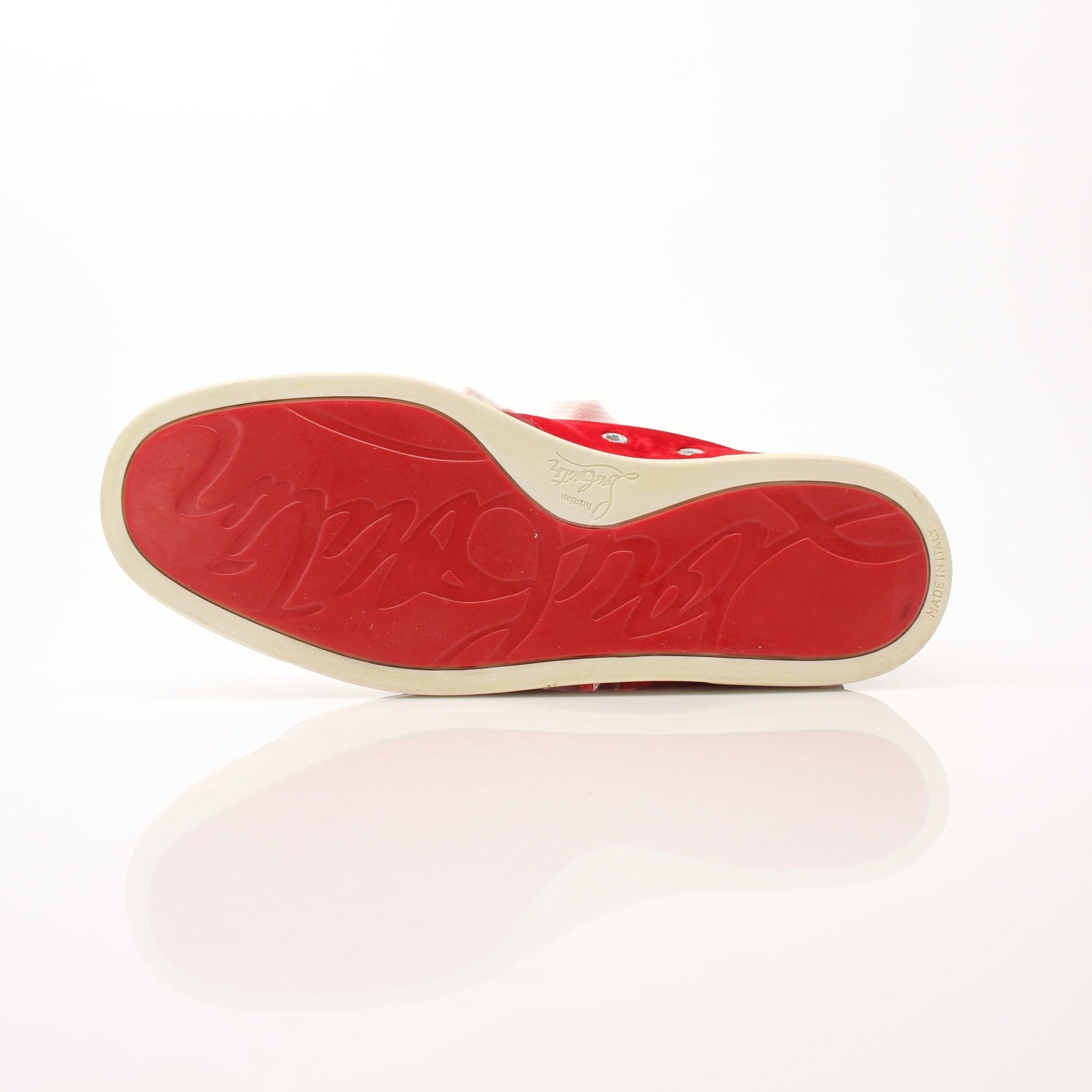 Christian Louboutin men's Python Alfie high-top sneakers with red velvet and gold accents, showcasing stylish shoe design.
