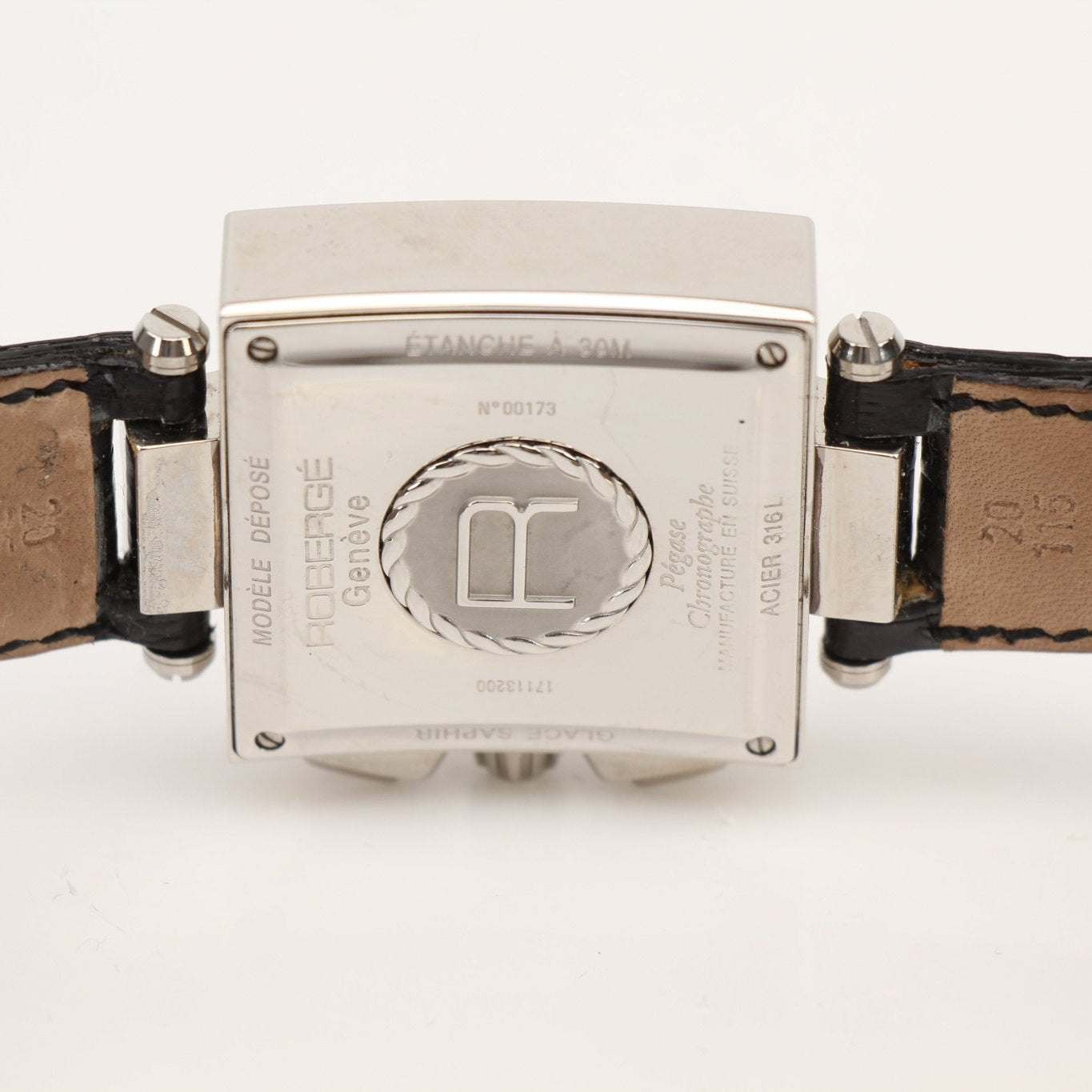 Gold & Beyond Roberge Genève Pégase Chronograph watch with silver dial and leather strap, showcasing detailed chronograph features.