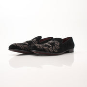 Black velvet loafers with gold bee and crown embroidery by Dolce & Gabbana, stylish shoes with intricate details.