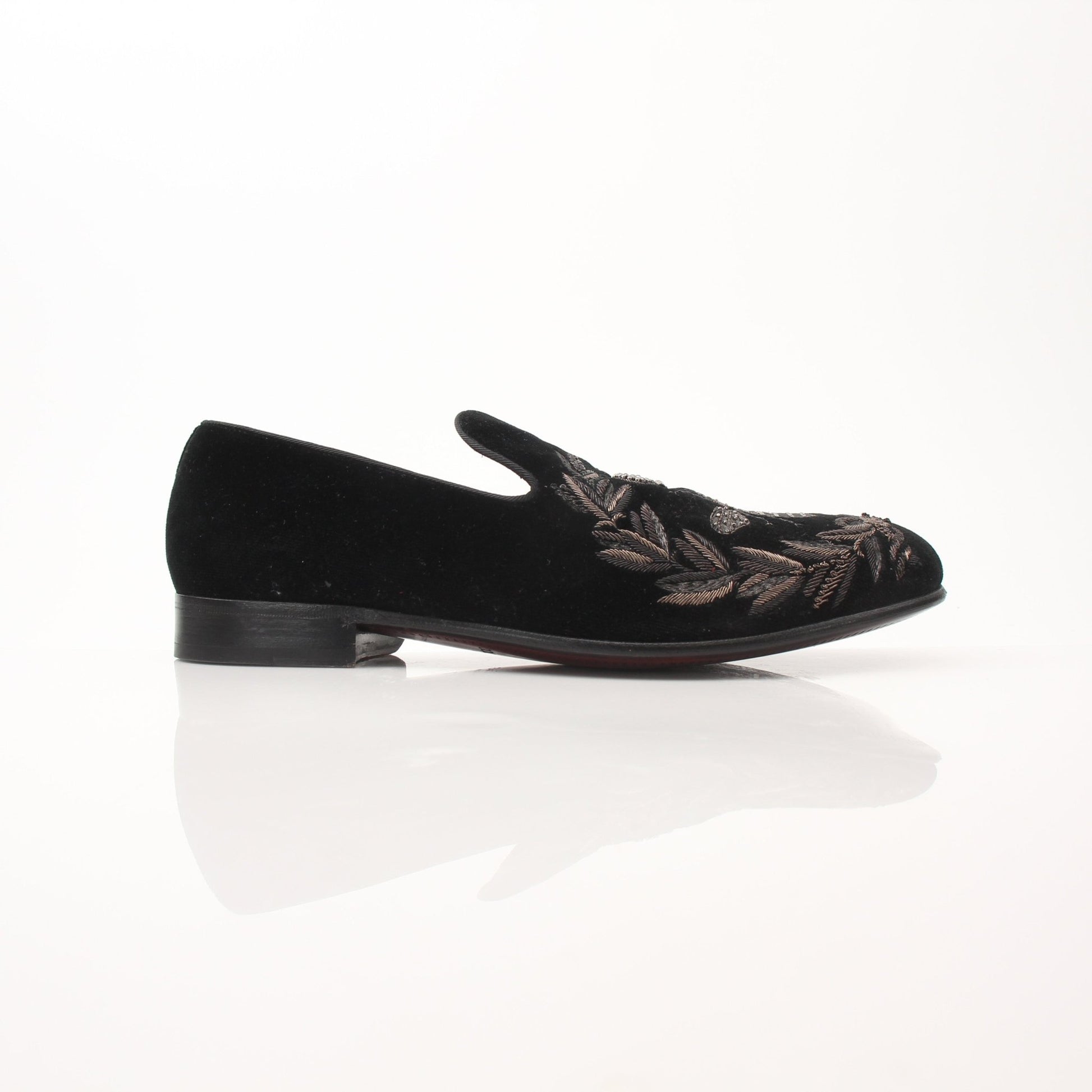Black velvet loafers with gold bee and crown embroidery detail, Dolce & Gabbana shoes, crafted by Gold & Beyond.