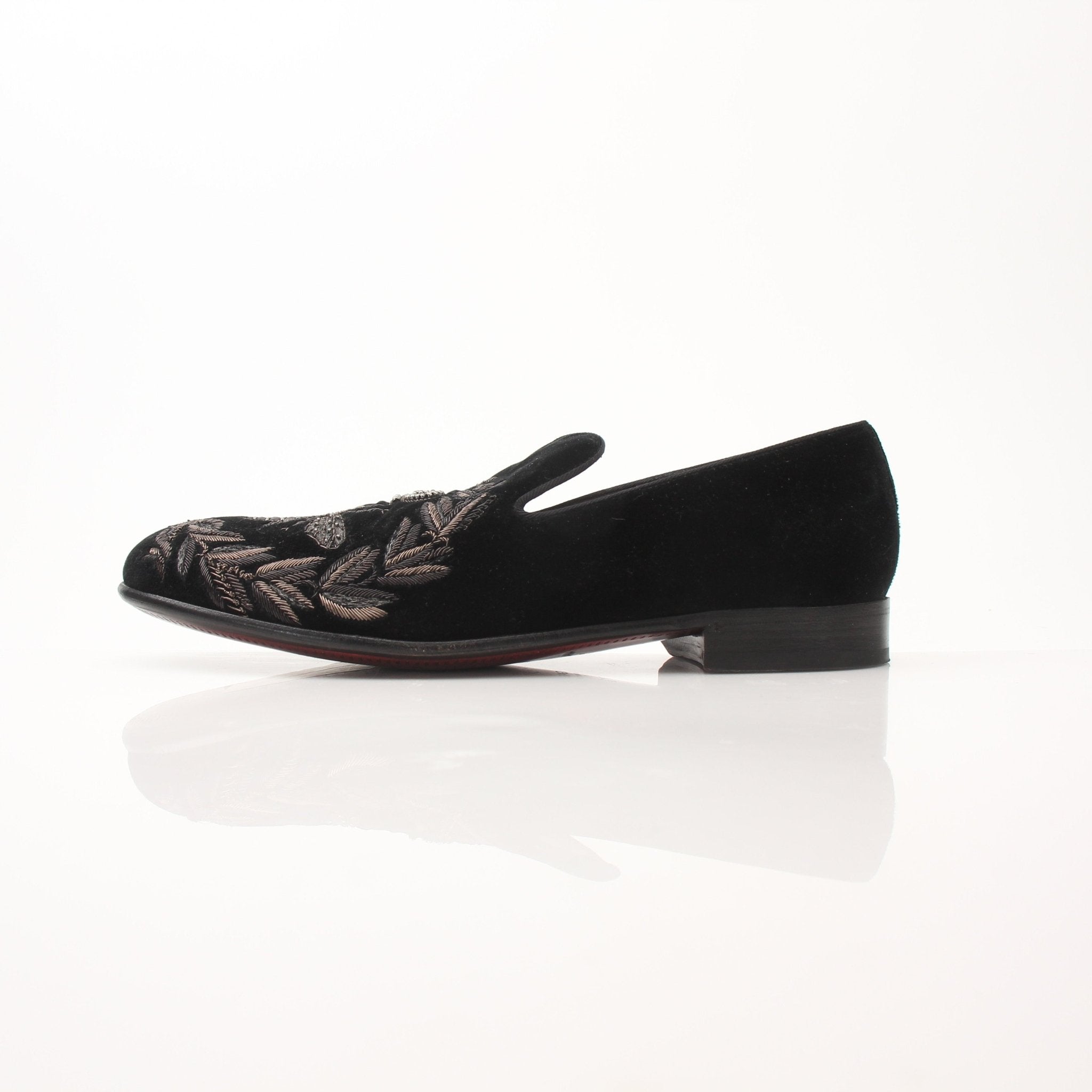 Black velvet loafers by Gold & Beyond featuring Dolce & Gabbana-inspired bee and crown embroidery on the upper.