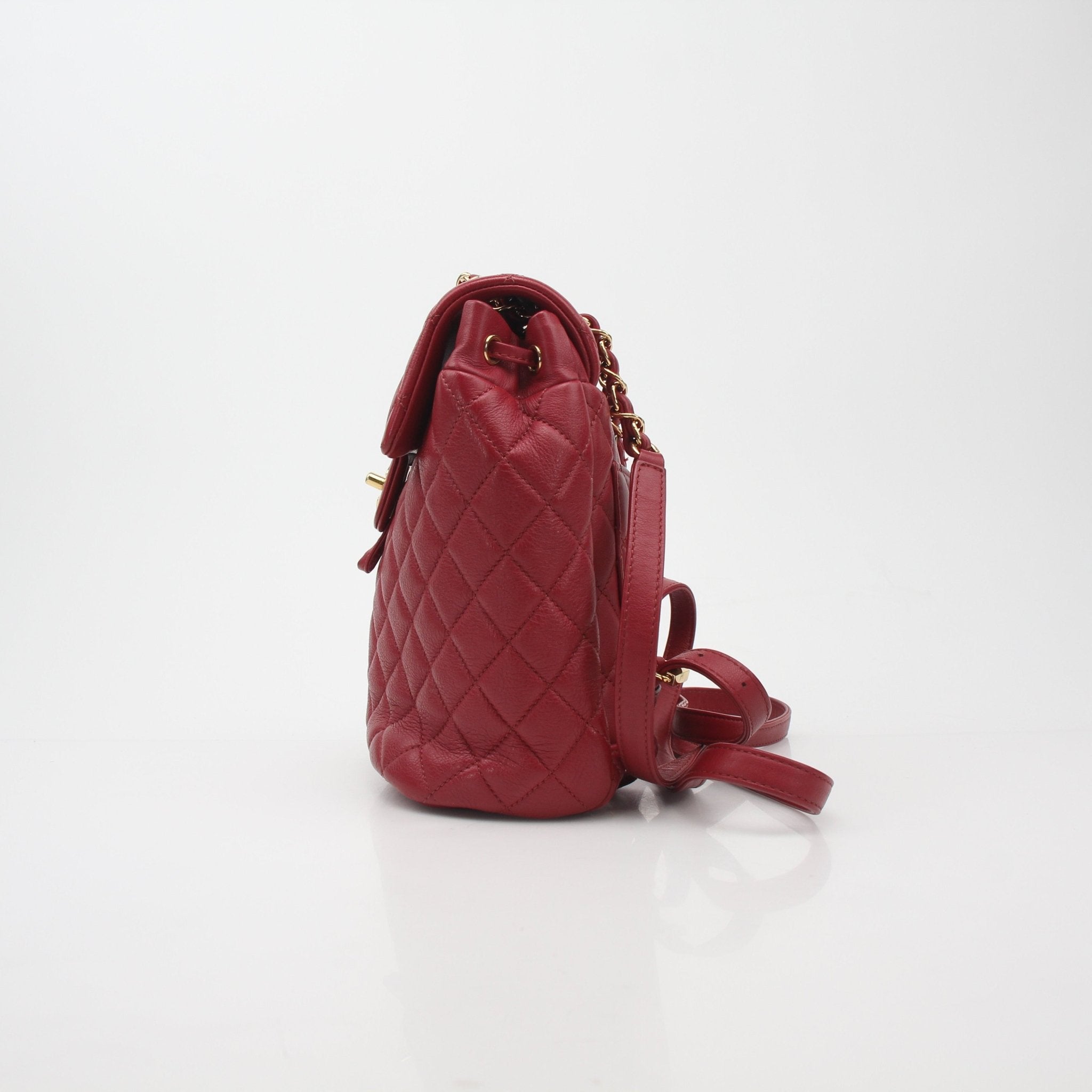 Gold & Beyond Chanel Urban Spirit quilted lambskin backpack handbag with adjustable straps and gold-tone hardware.