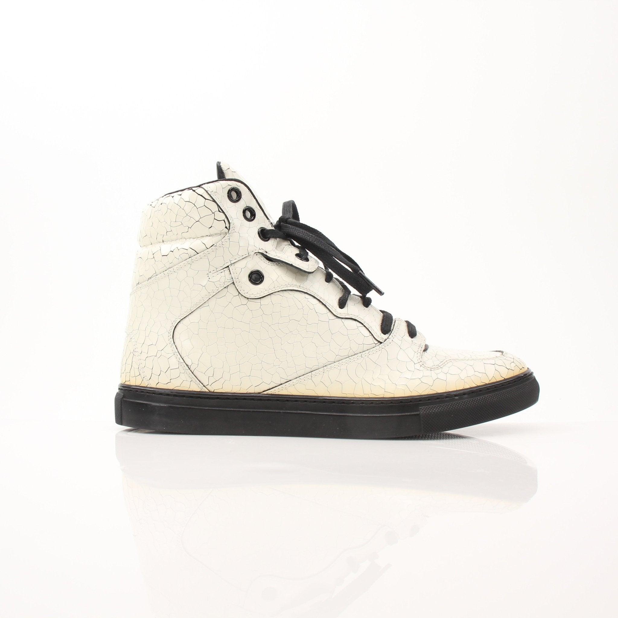 Gold & Beyond Balenciaga Craquele high top sneakers for men, featuring textured fabric and stylish design, shown on white background.