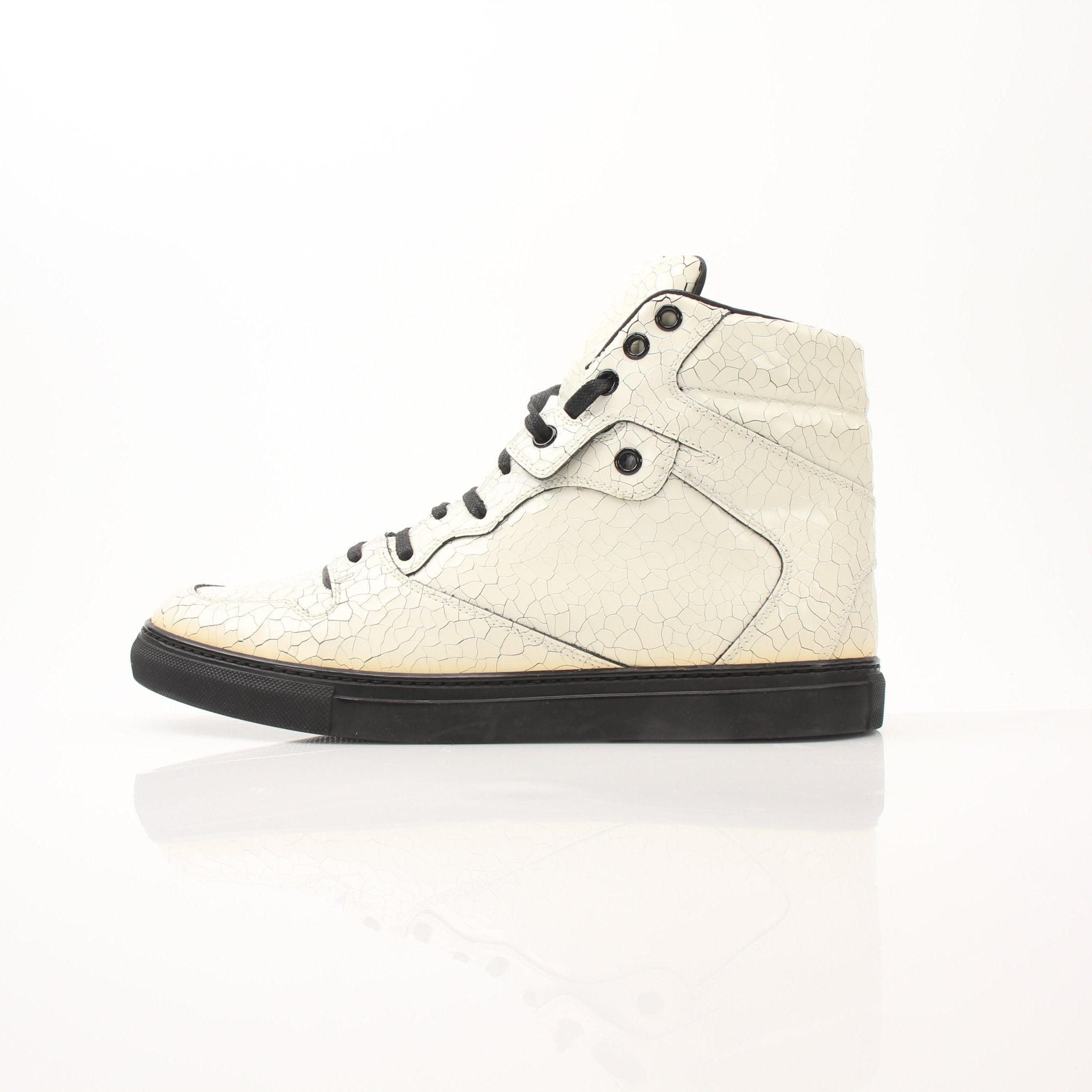 Gold & Beyond Balenciaga Men’s Craquele high top sneakers, stylish shoes with textured design, side logo, and rubber sole.