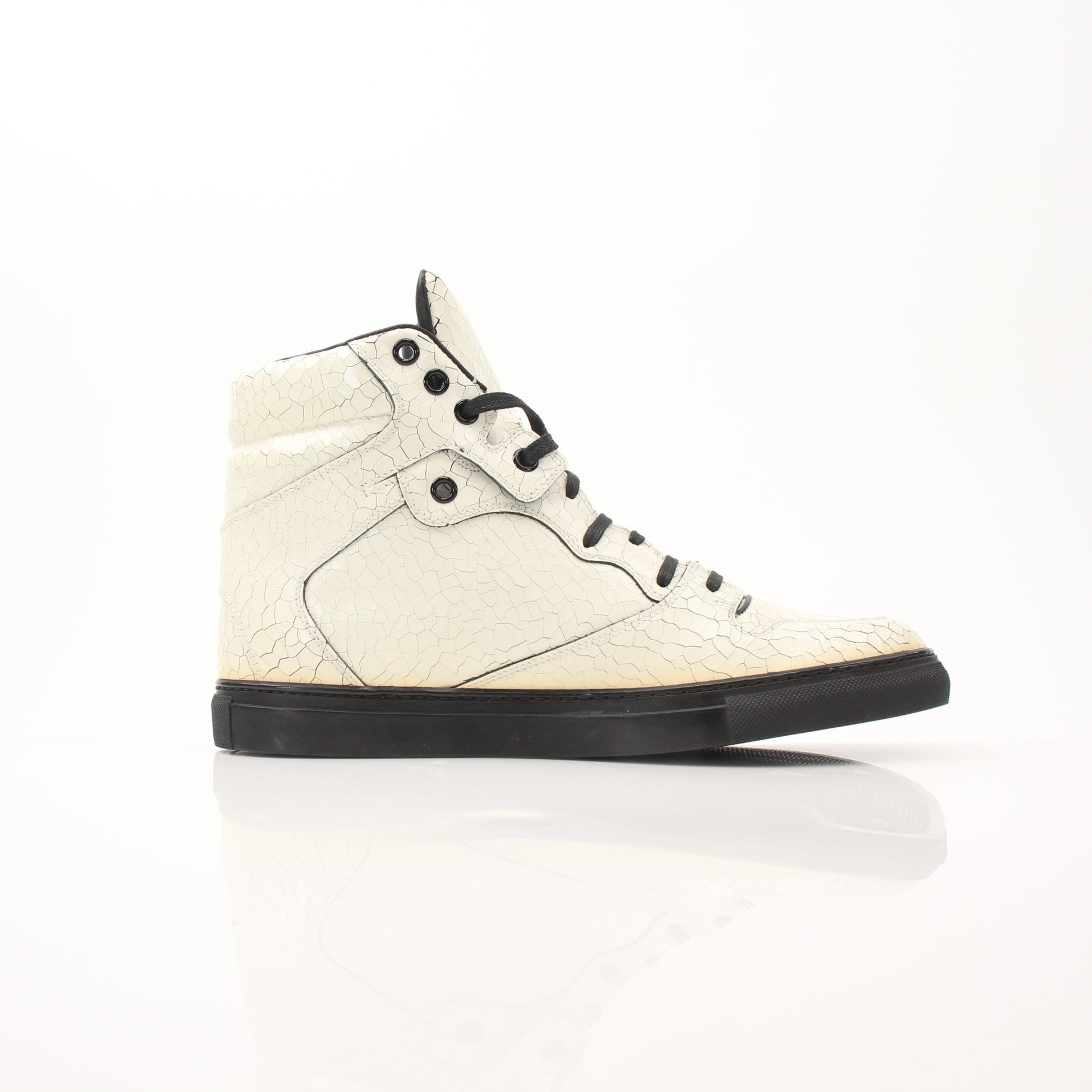 Gold & Beyond men's Balenciaga Craquele high top sneakers with textured design and black laces on a white background.