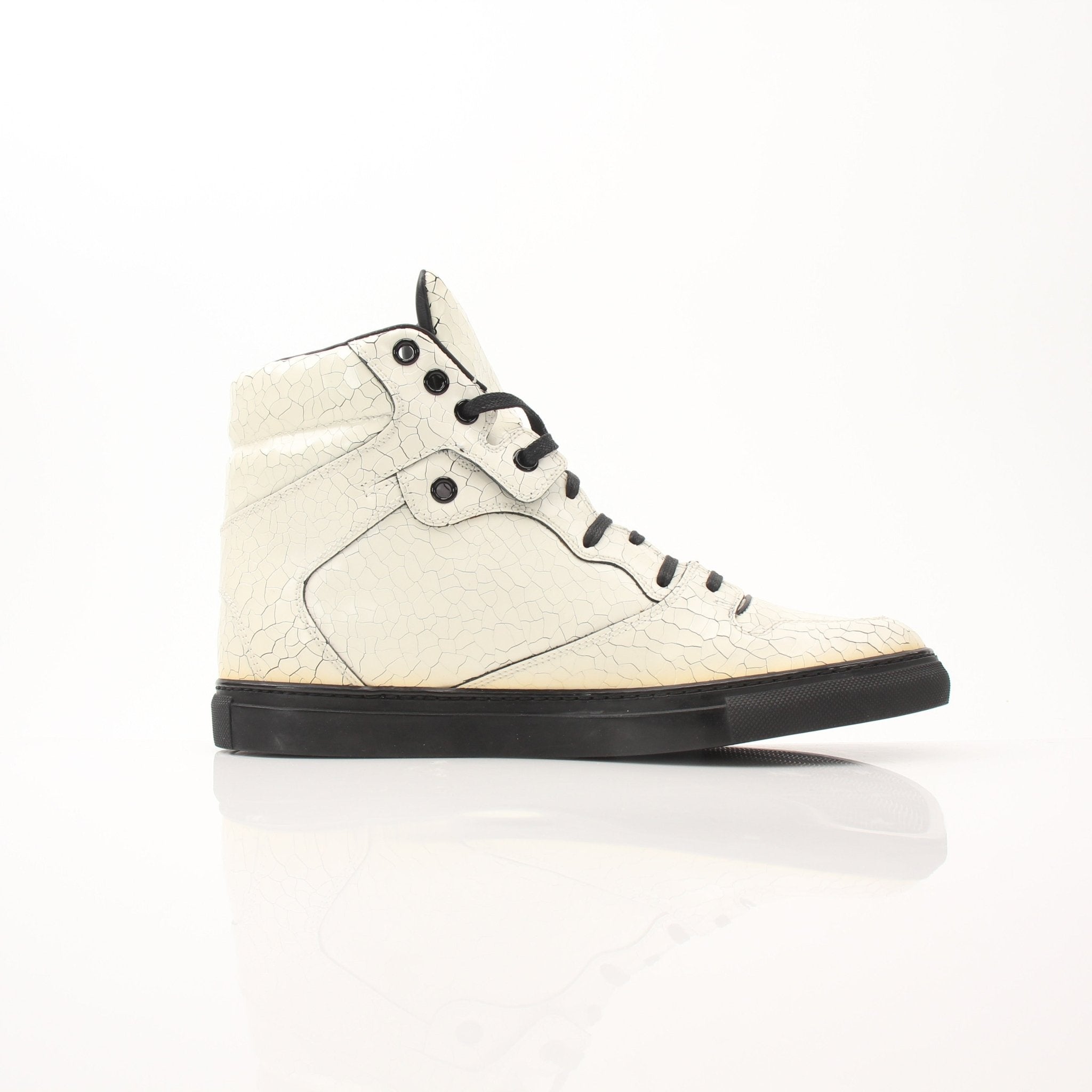 Gold & Beyond men's Balenciaga Craquele high top sneakers with textured design and black laces on a white background.