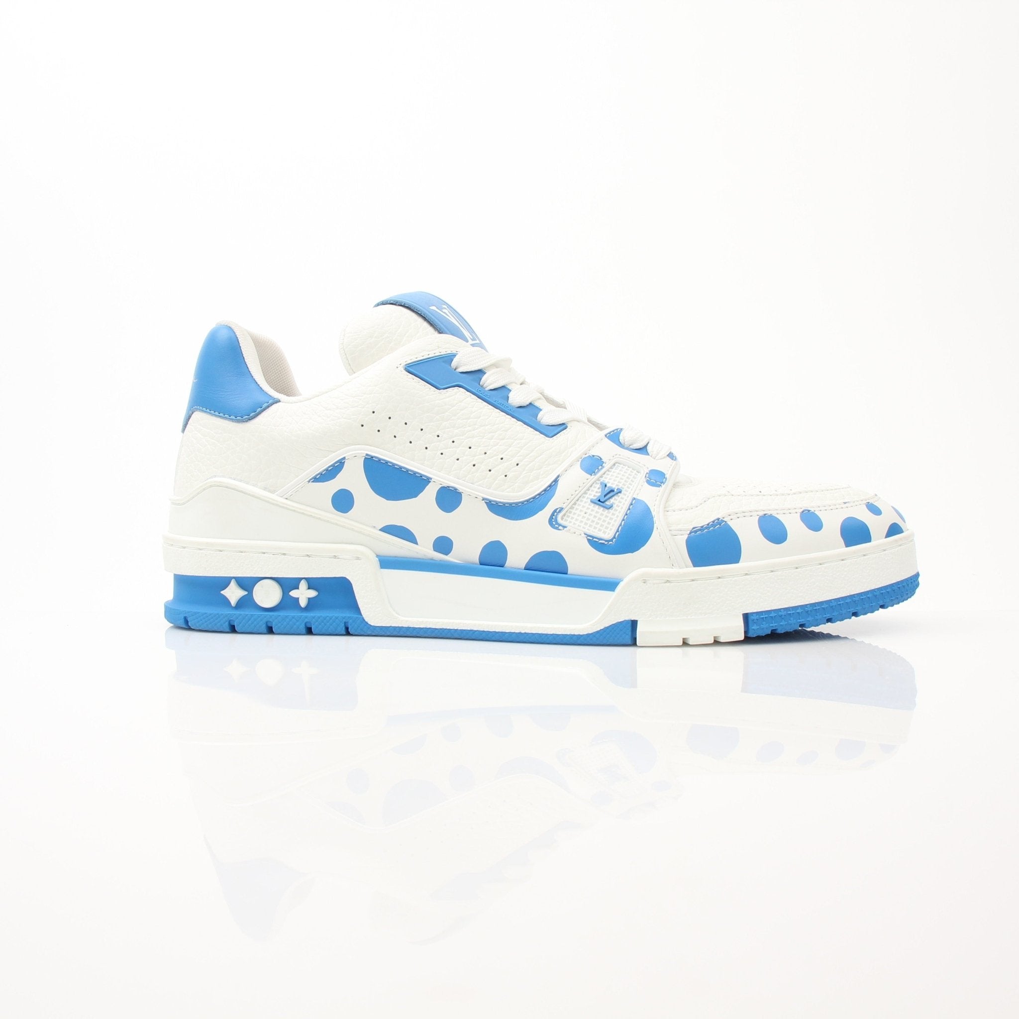 Louis Vuitton x Yayoi Kusama LV Trainer sneakers in vibrant design with Louis Vuitton branding and colorful patterns.
