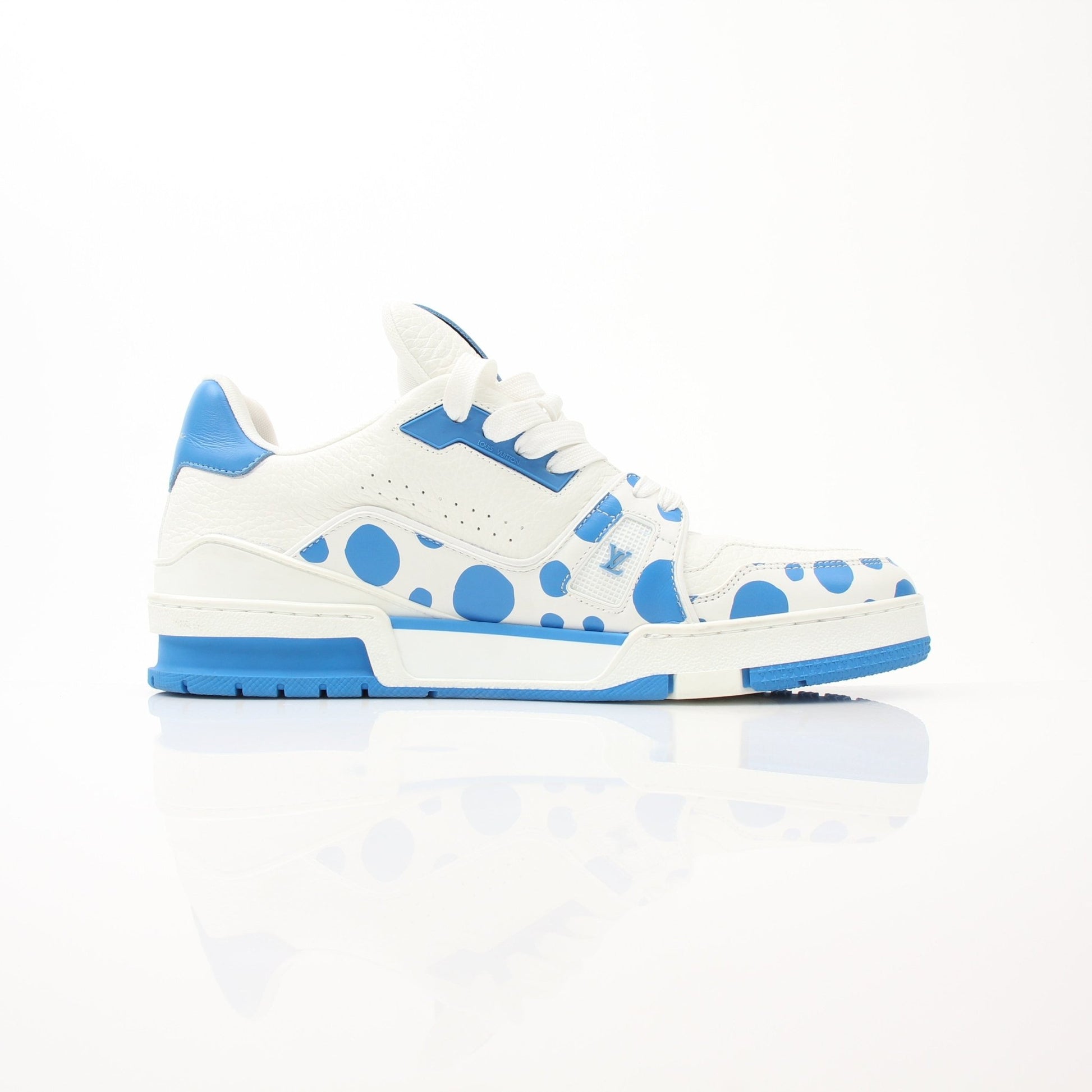 Louis Vuitton x Yayoi Kusama LV Trainer sneakers by Gold & Beyond, featuring vibrant polka dot design and stylish athletic shoes.