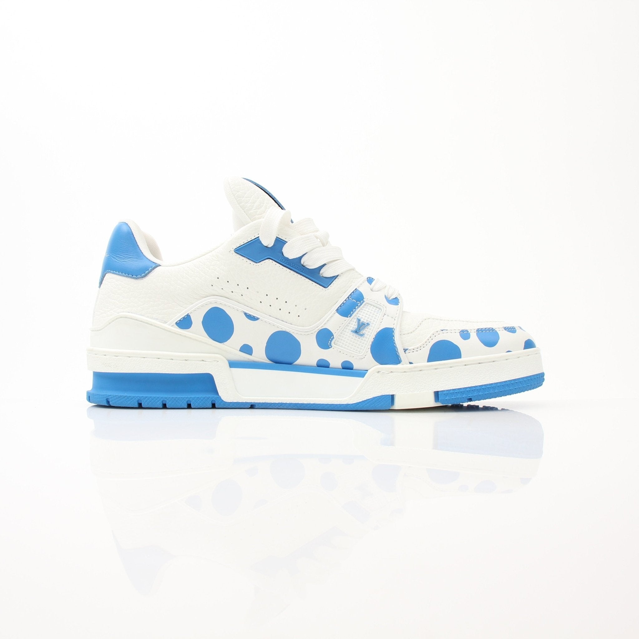 Louis Vuitton x Yayoi Kusama LV Trainer sneakers by Gold & Beyond, featuring vibrant polka dot design and stylish athletic shoes.