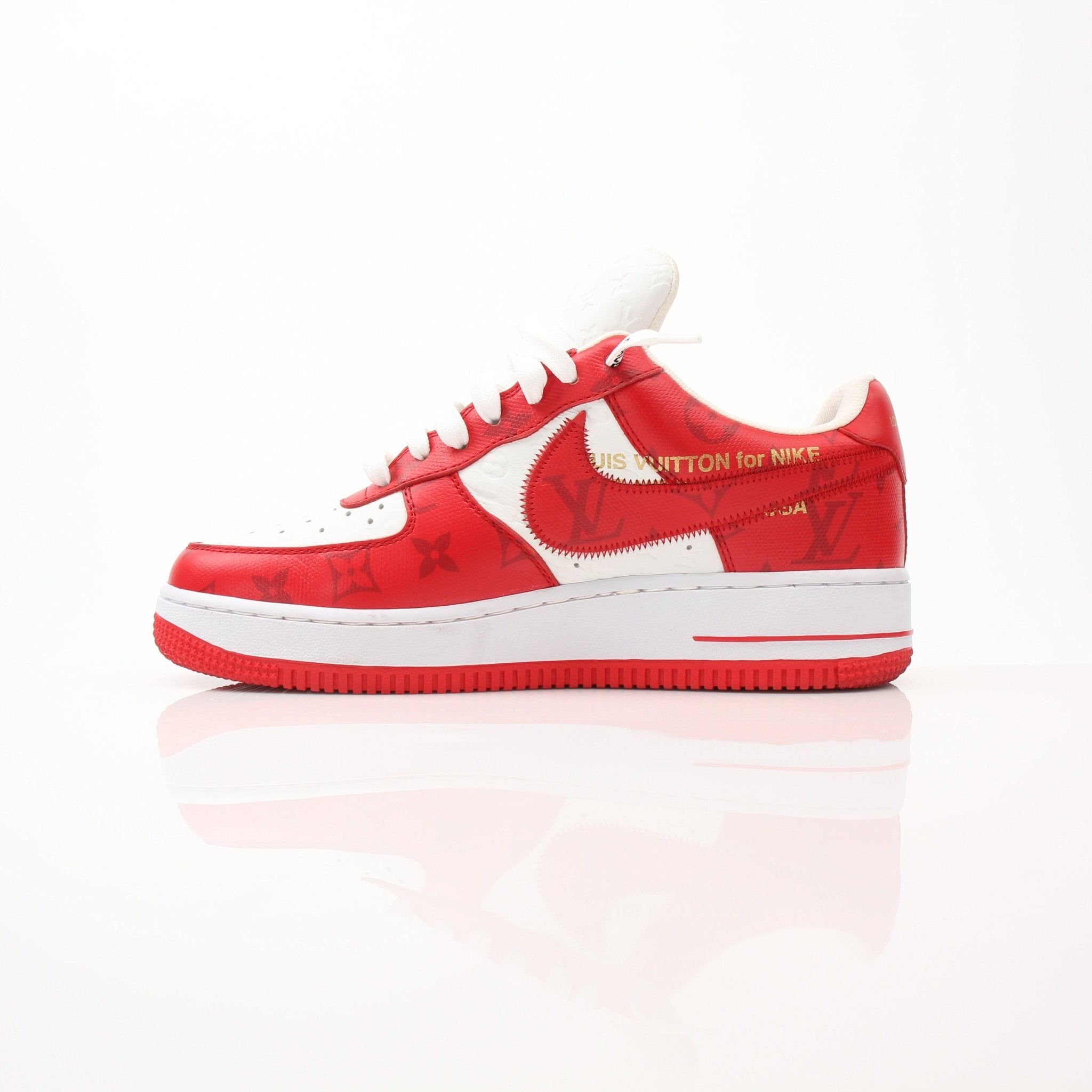 Louis Vuitton x Nike Air Force 1 Low sneakers by Gold & Beyond, featuring white leather and LV monogram details.