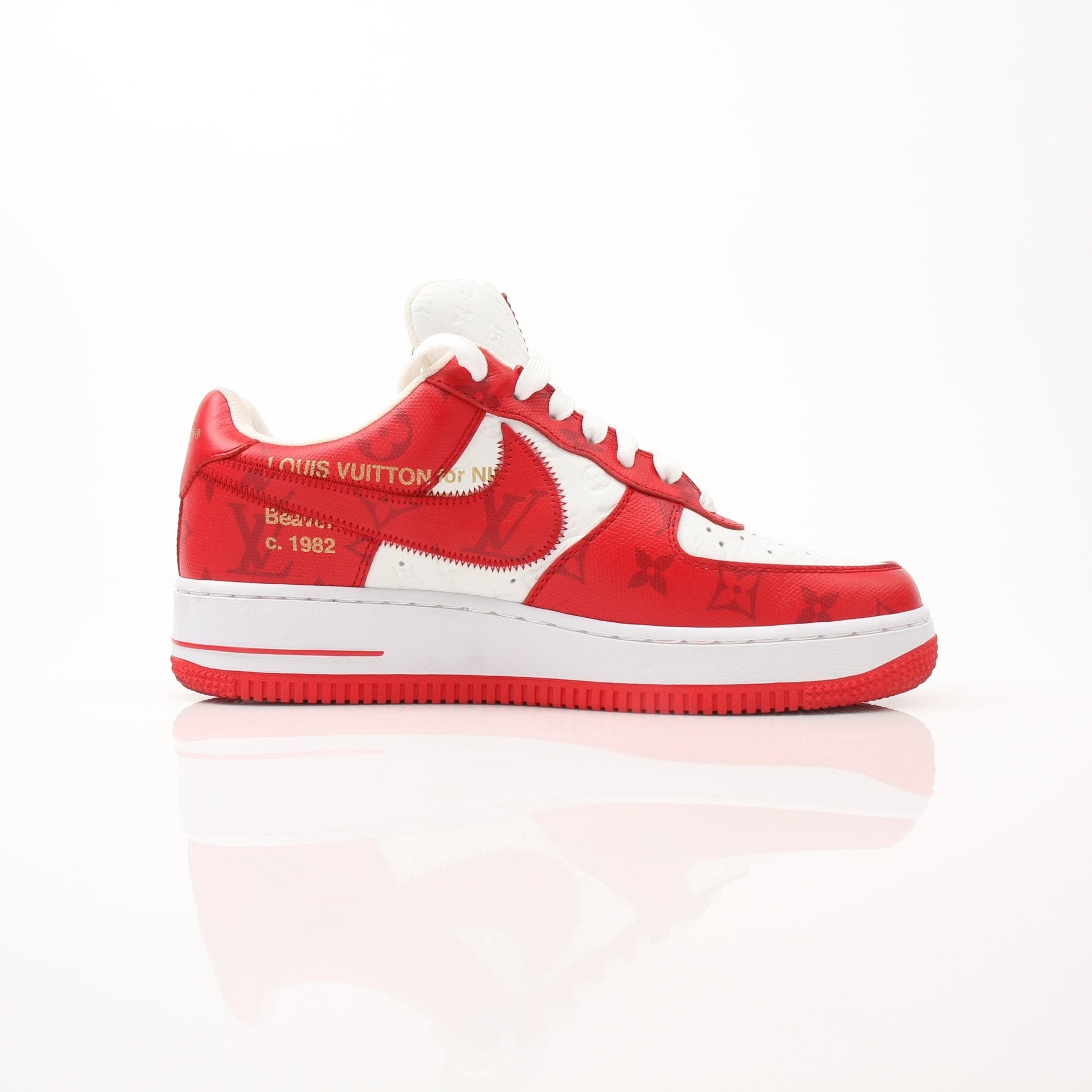 Louis Vuitton x Nike Air Force 1 Low sneakers in white with gold accents, showcasing stylish designer collaboration shoes.