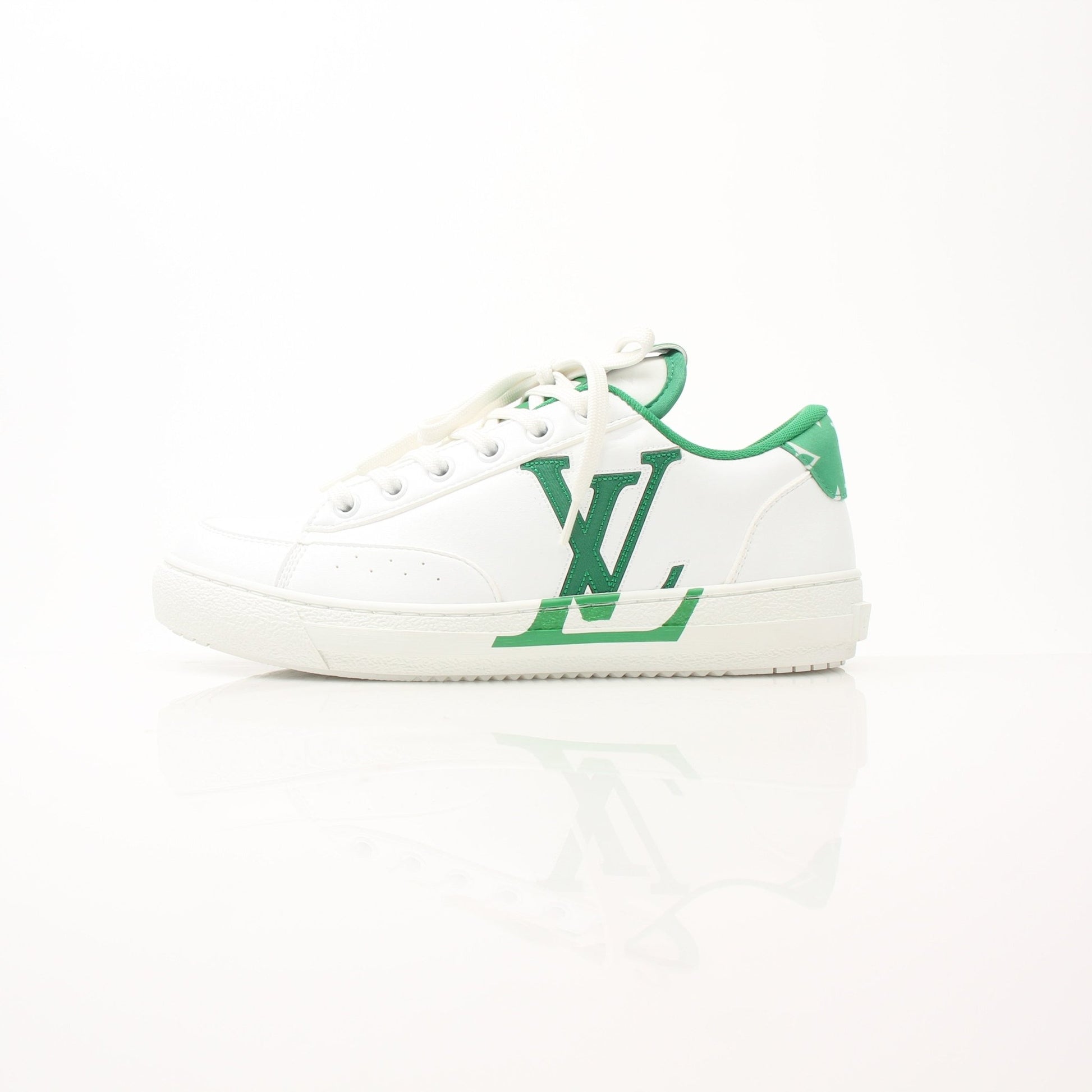 Gold & Beyond Louis Vuitton Charlie sneakers, stylish shoes with signature design, white and black color, detailed close-up image
