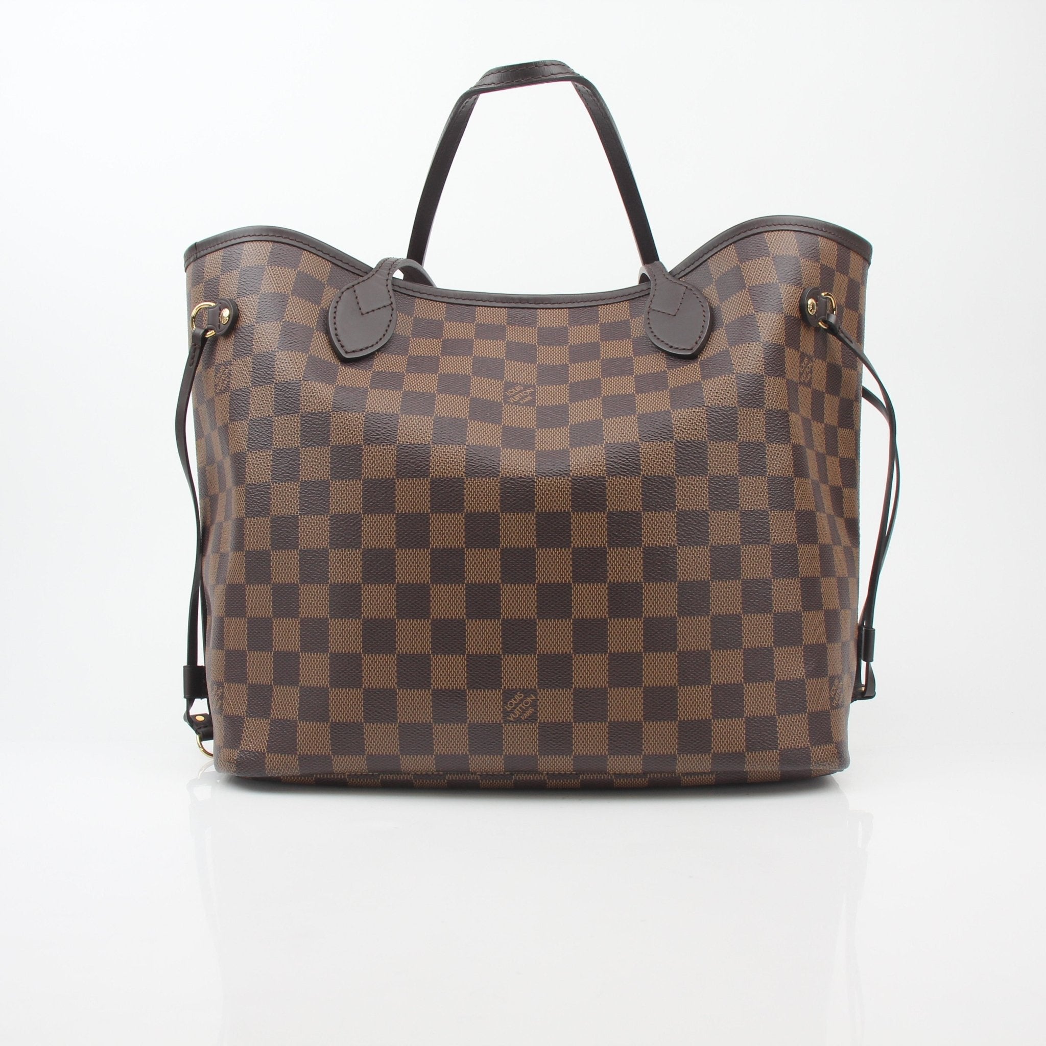 Louis Vuitton Damier Ebene Neverfull MM tote handbag with leather handles and spacious interior, stylishly designed for everyday use.