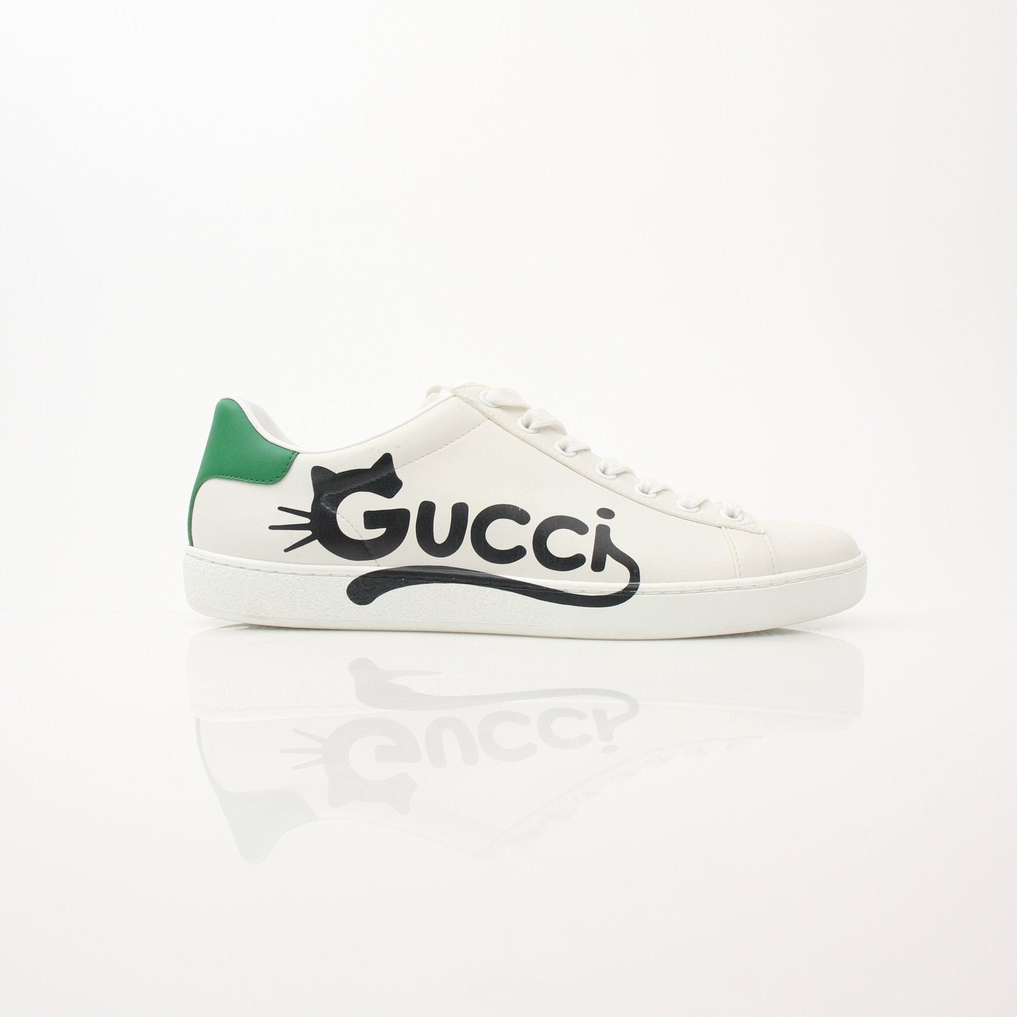 Gold & Beyond Gucci women’s Ace kitten logo sneakers, stylish shoes with signature branding and casual design.