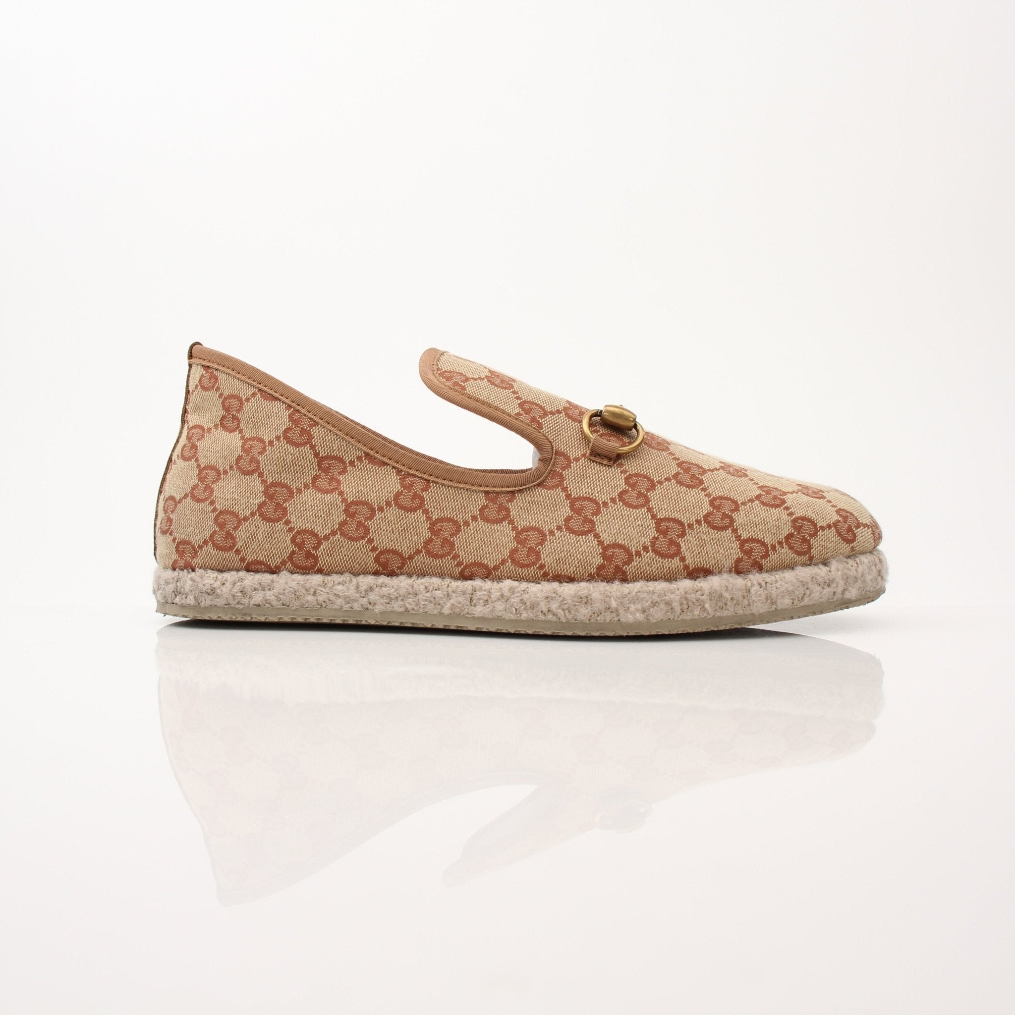 Gold & Beyond Gucci Men’s GG Fria Loafers shoes, stylish brown leather loafers with gold hardware detail and slip-on design.