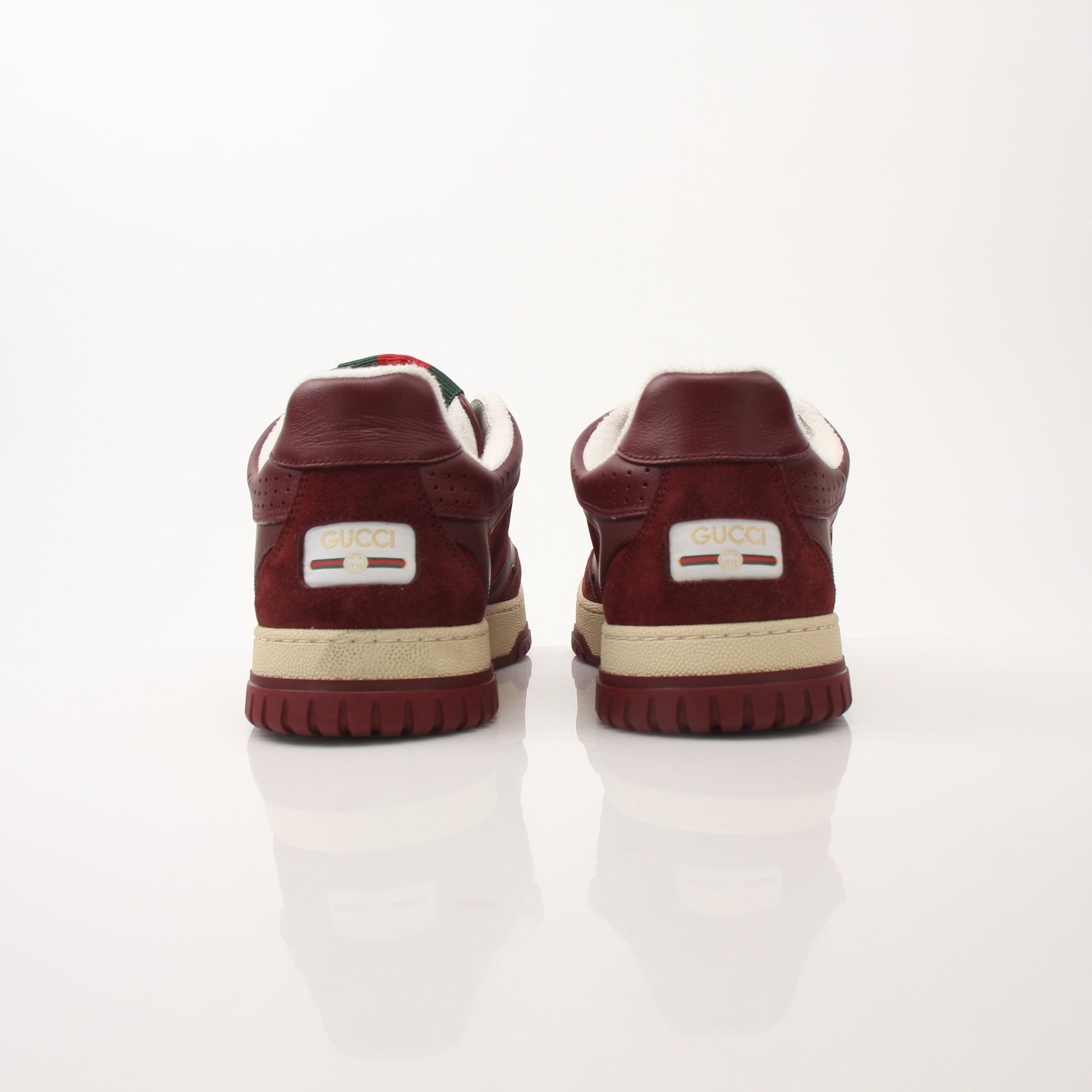 Gucci Men’s Re-Web Sneakers in white and green with signature web stripe, casual shoes with leather and fabric details.