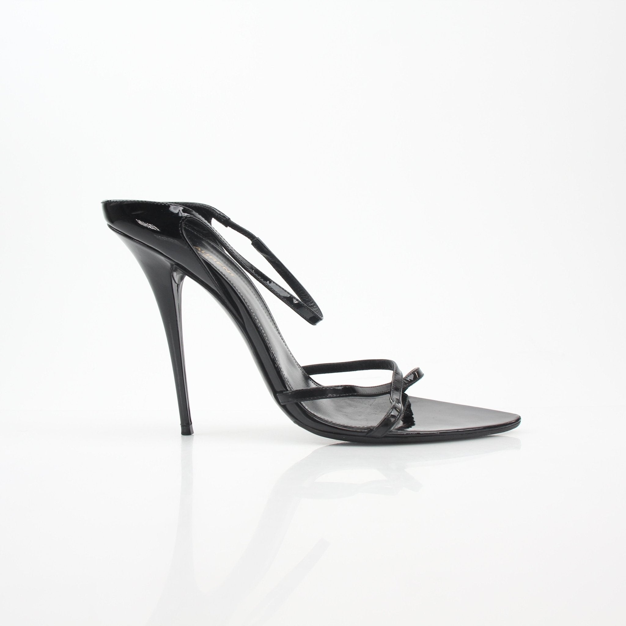 Black Saint Laurent Gippy pointed sandals with heel, showcasing sleek design and stylish heel height.