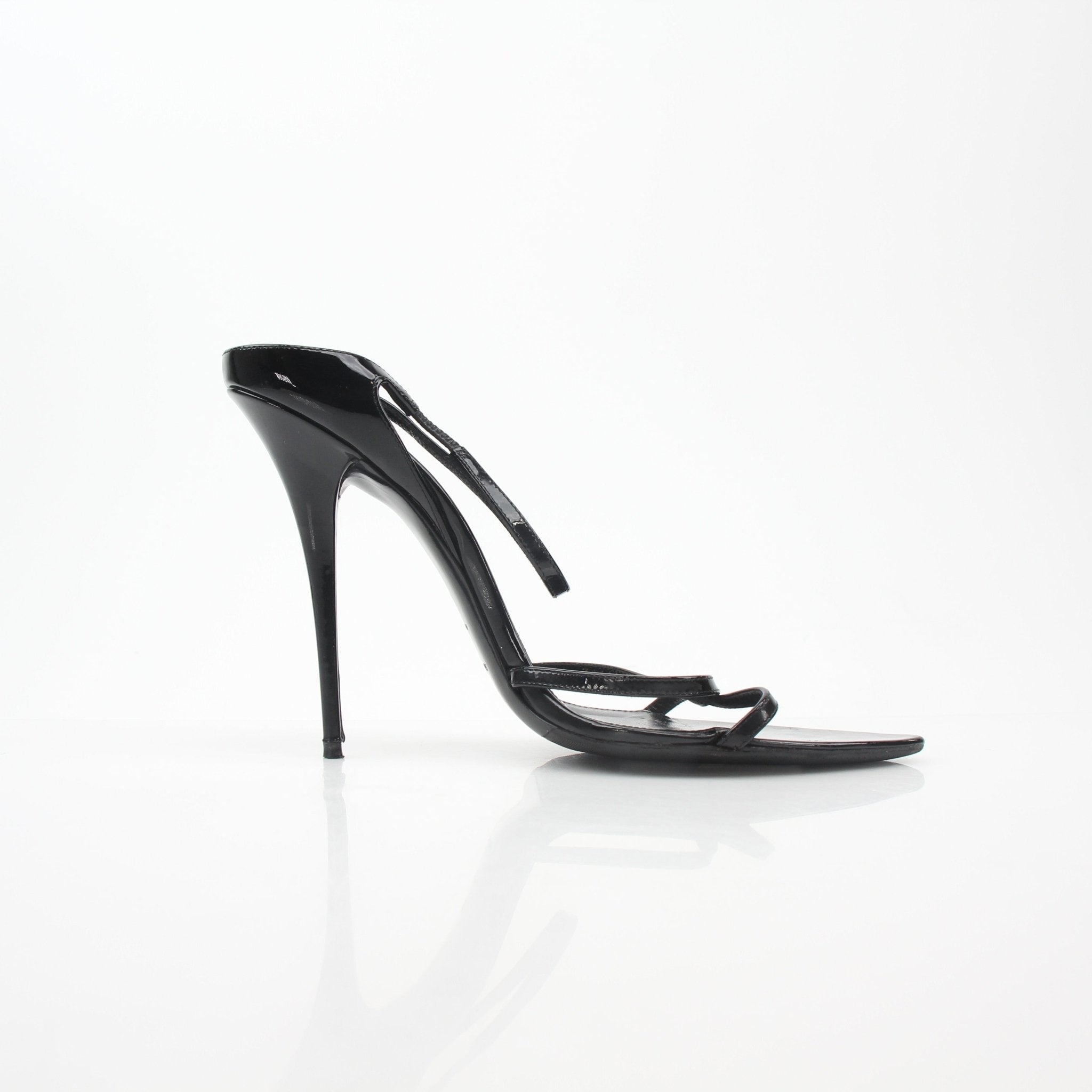 Black Saint Laurent Gippy pointed heels by Gold & Beyond, stylish stiletto sandals with sleek design and elegant ankle straps.