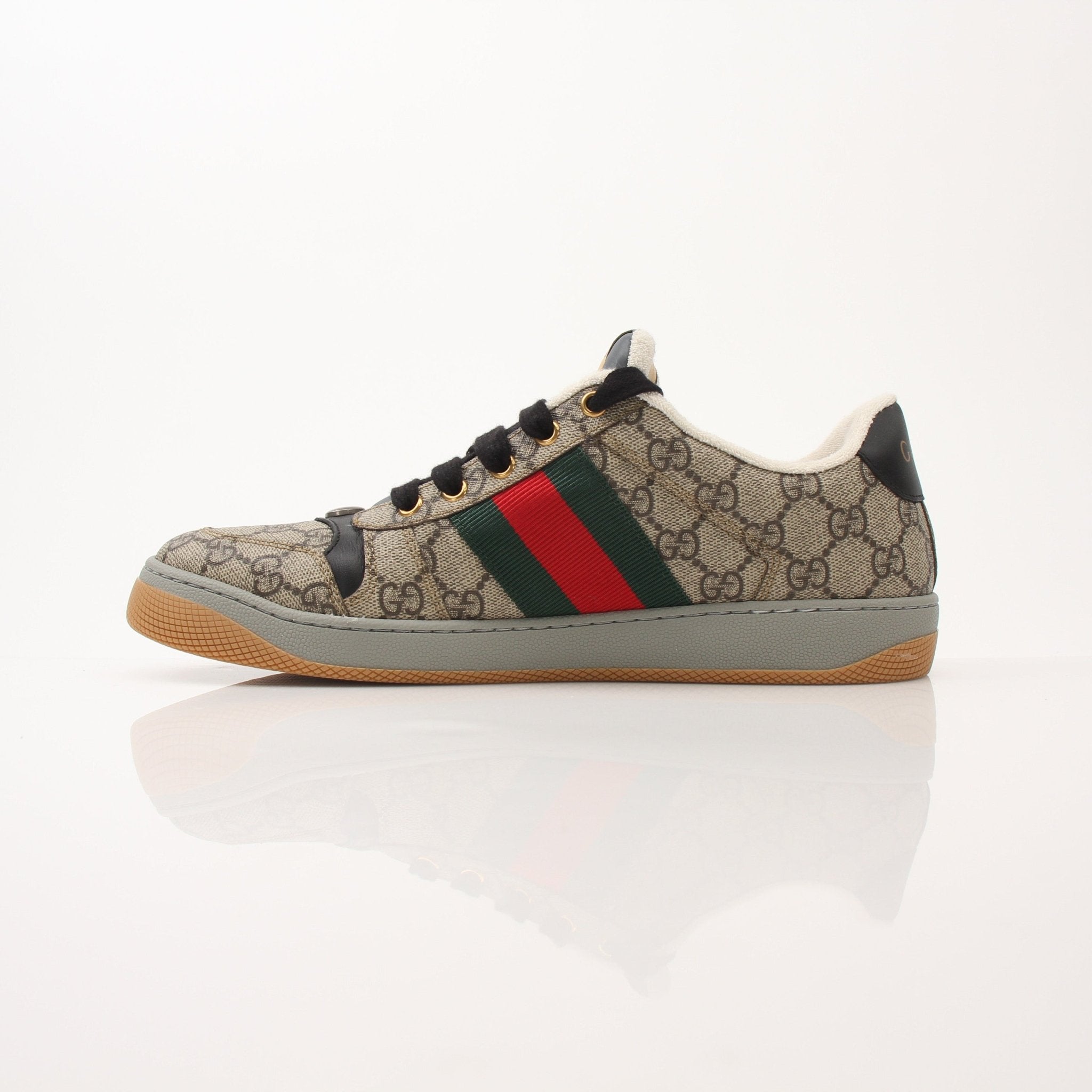 Gold & Beyond Gucci Men’s Screener GG Sneakers, stylish shoes with iconic GG pattern and sporty design, displayed on white background.