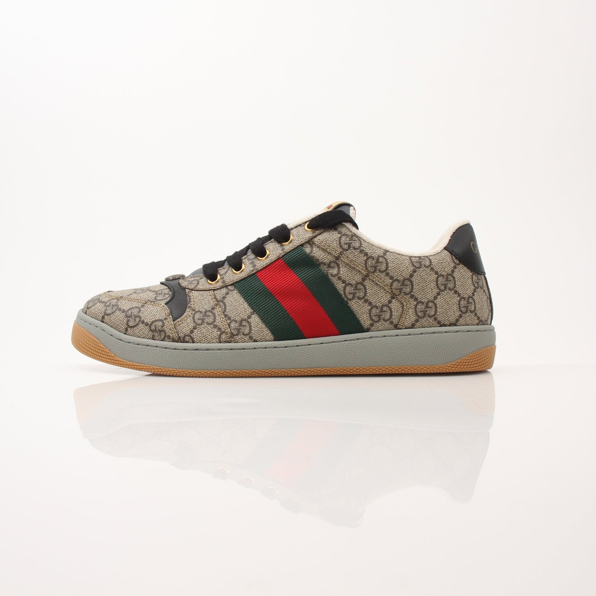 Gold & Beyond Gucci Men’s Screener GG Sneakers, stylish shoes with signature pattern and modern design, displayed on a clean surface.