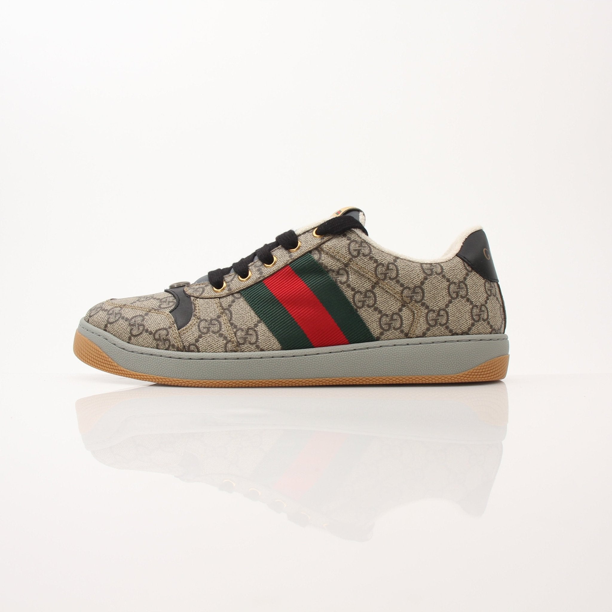 Gold & Beyond Gucci Men’s Screener GG Sneakers, stylish shoes with signature pattern and modern design, displayed on a clean surface.