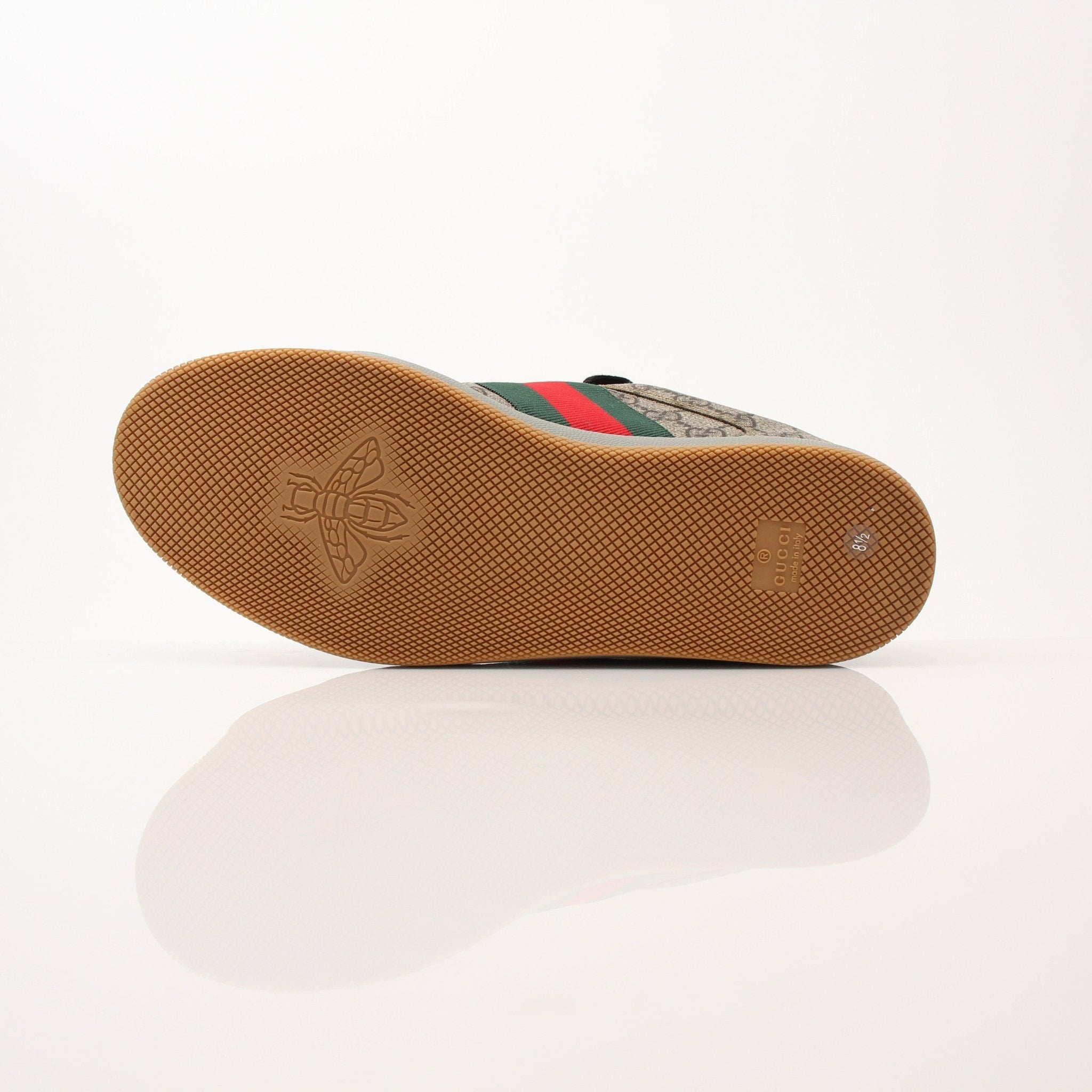 Gold & Beyond Gucci Men’s Screener GG Sneakers, stylish casual shoes with iconic GG logo, white and green color details.