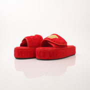 Red Versace women’s slippers with gold accents, featuring all-over design, stylish and comfortable shoes by Gold & Beyond