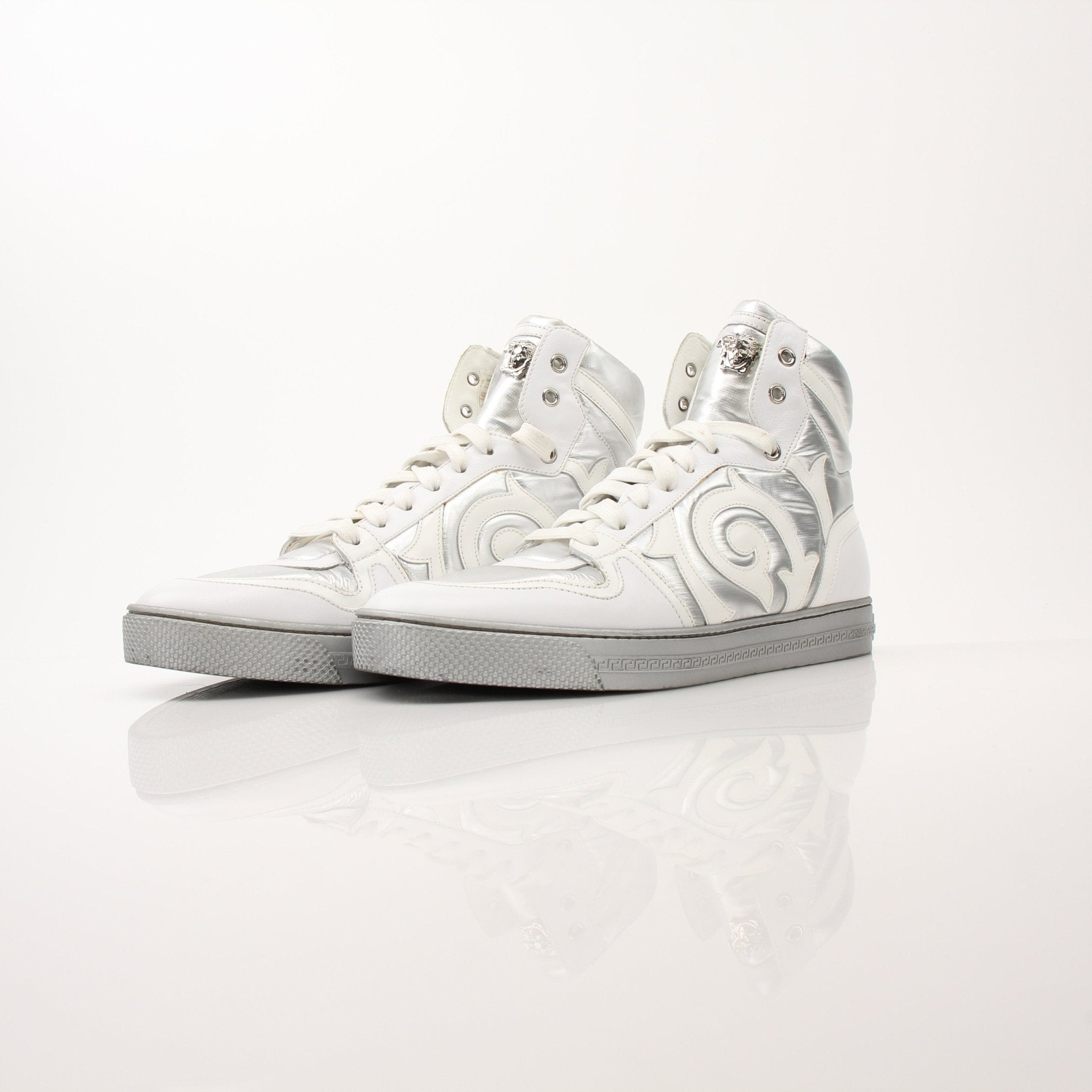 Gold & Beyond Versace Men’s Medusa Palazzo Sneakers, stylish shoes with Medusa logo and detailed design, front view.