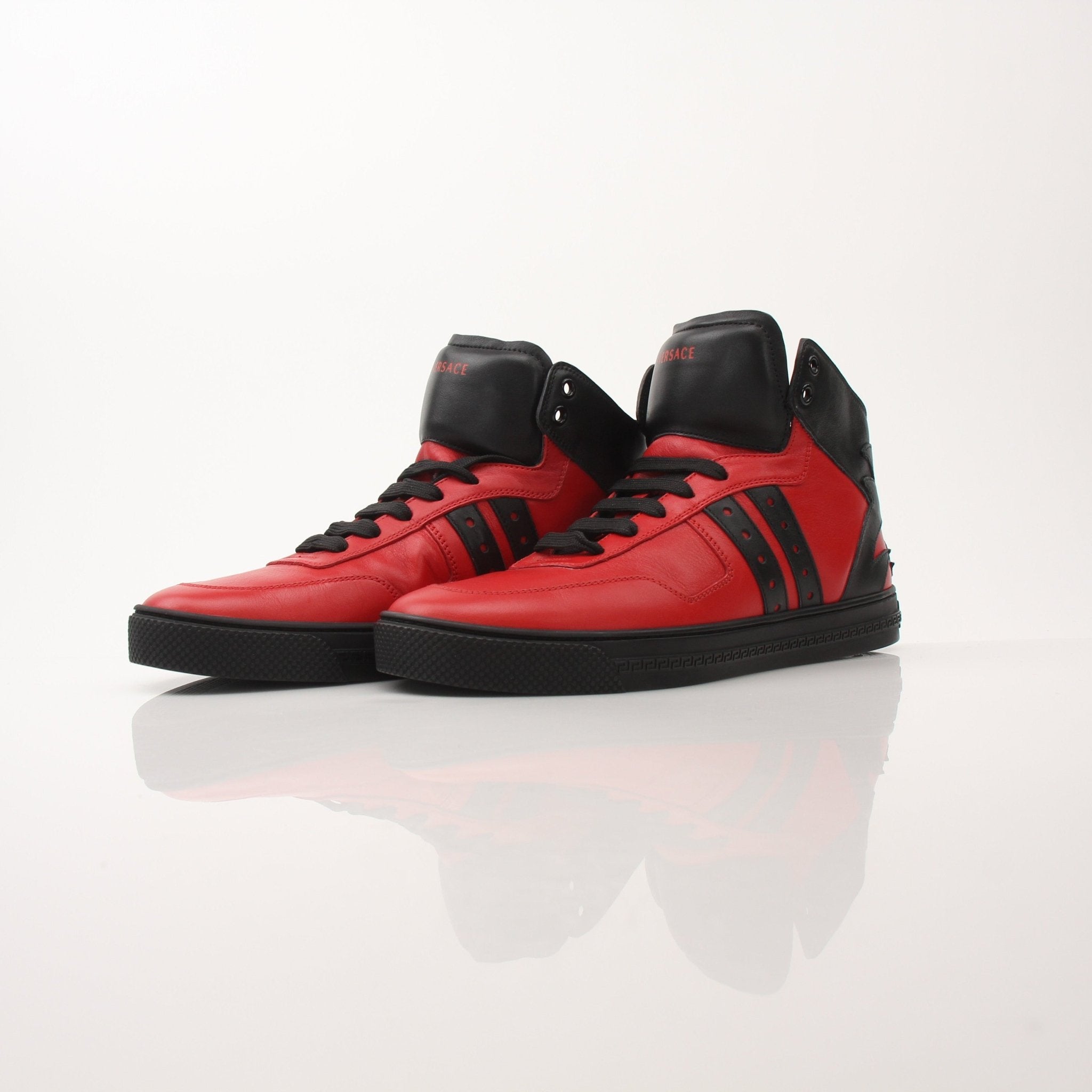 Red Versace men's mid-top sneakers by Gold & Beyond, featuring stylish design and comfortable shoes for casual wear.