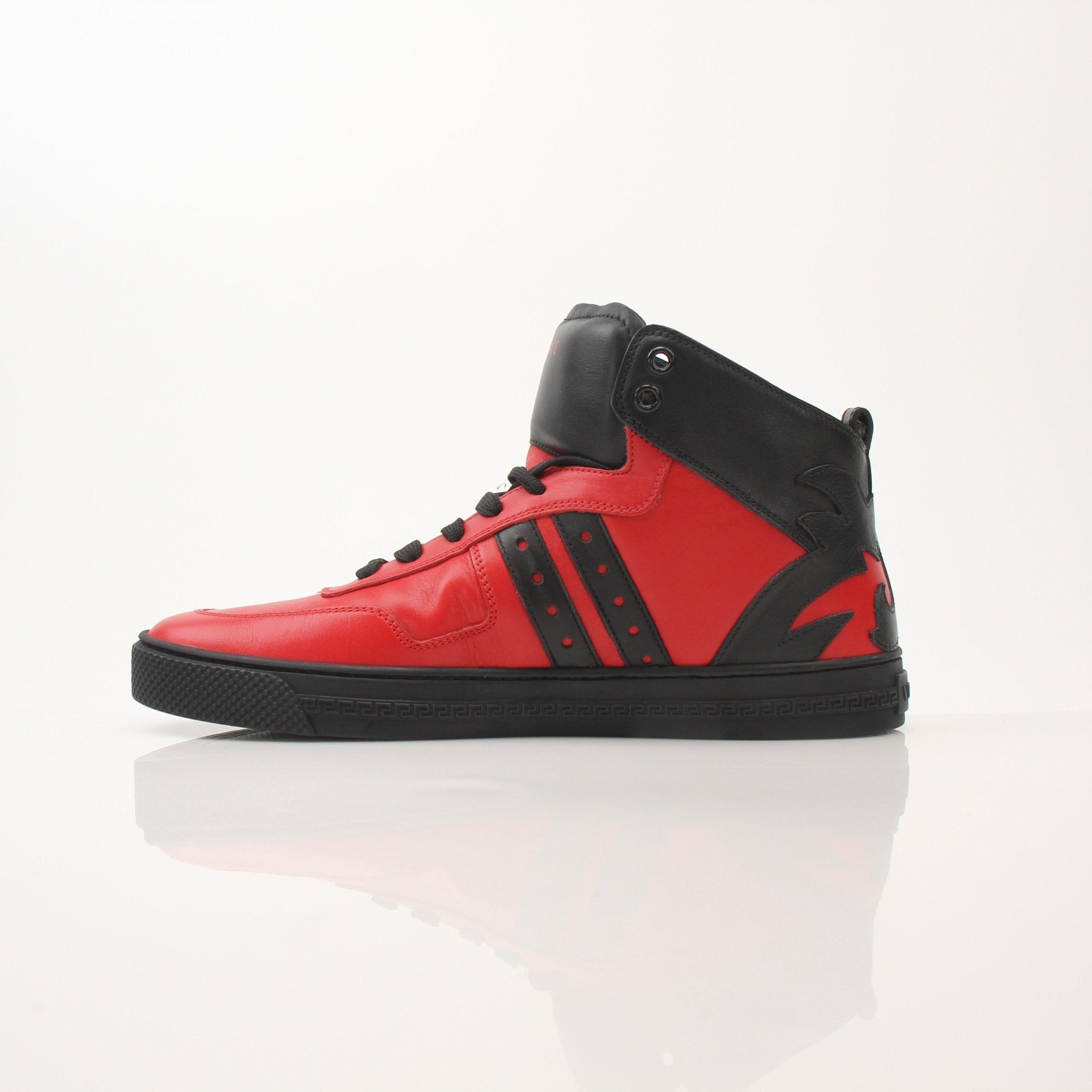 Red Versace men's mid-top sneakers from Gold & Beyond, featuring stylish design and comfortable shoe construction.