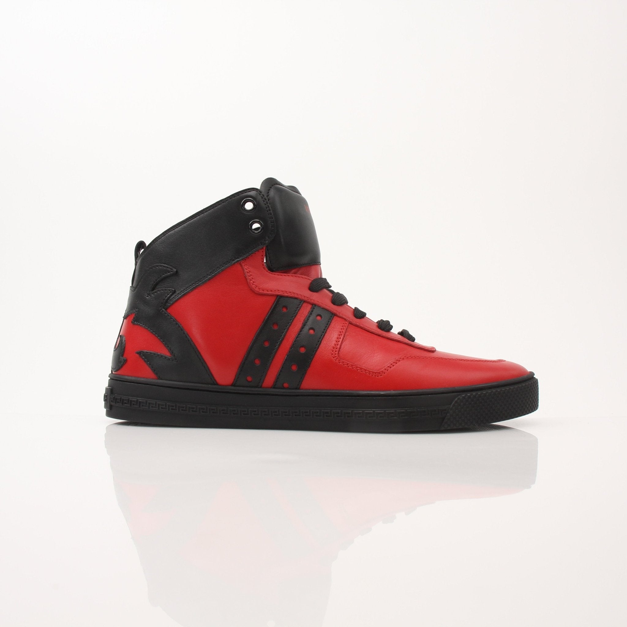 Gold & Beyond Versace men's red mid-top sneakers with stylish design, laces, and white soles, showcasing sporty footwear.