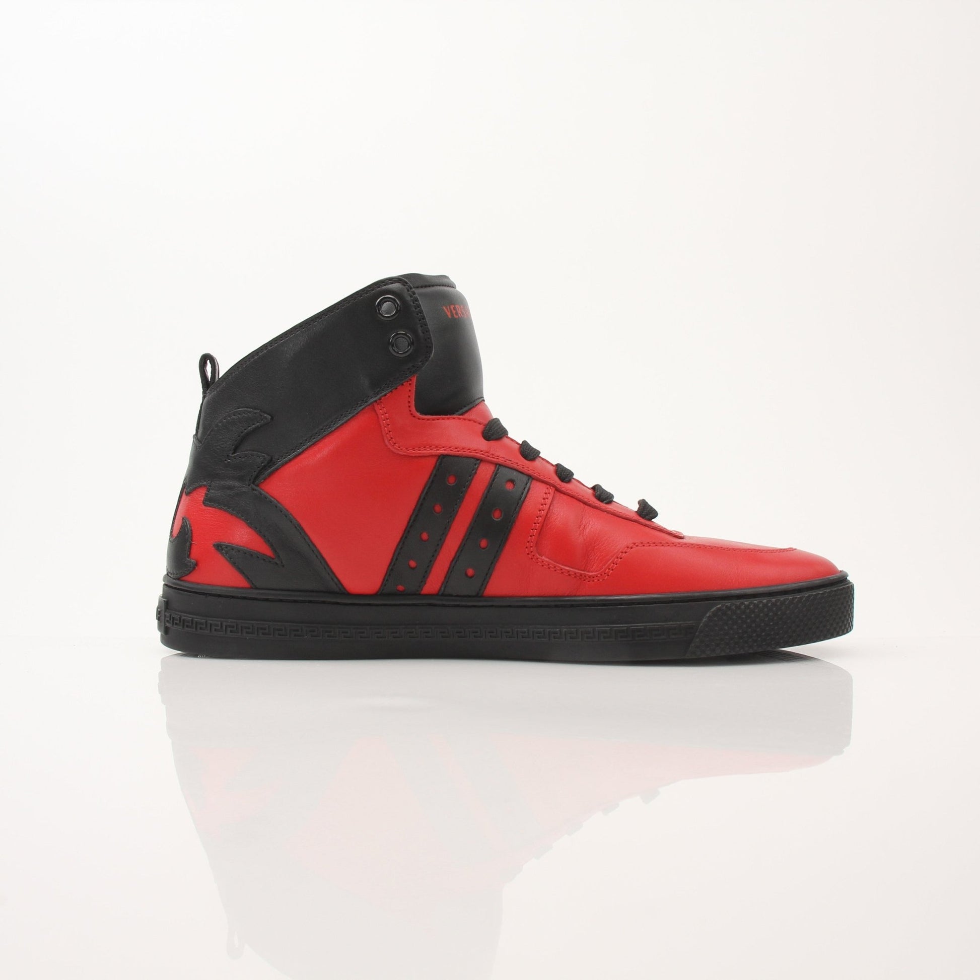 Gold & Beyond Versace men's red mid-top sneakers with stylish design and white sole, showcasing a bold footwear style.