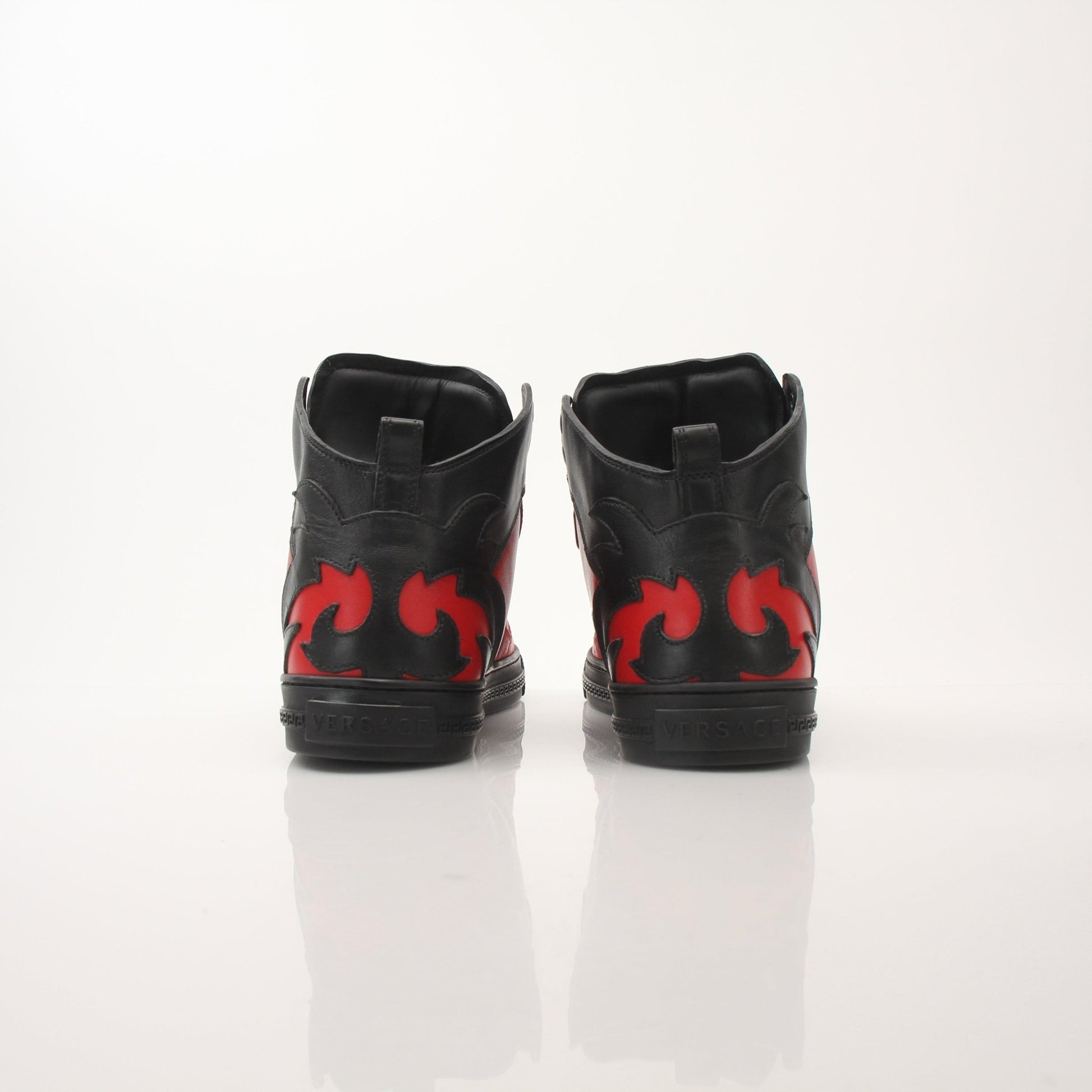 Gold & Beyond Versace men's red mid-top sneakers, stylish shoes with a sleek design and comfortable fit, perfect for casual wear.