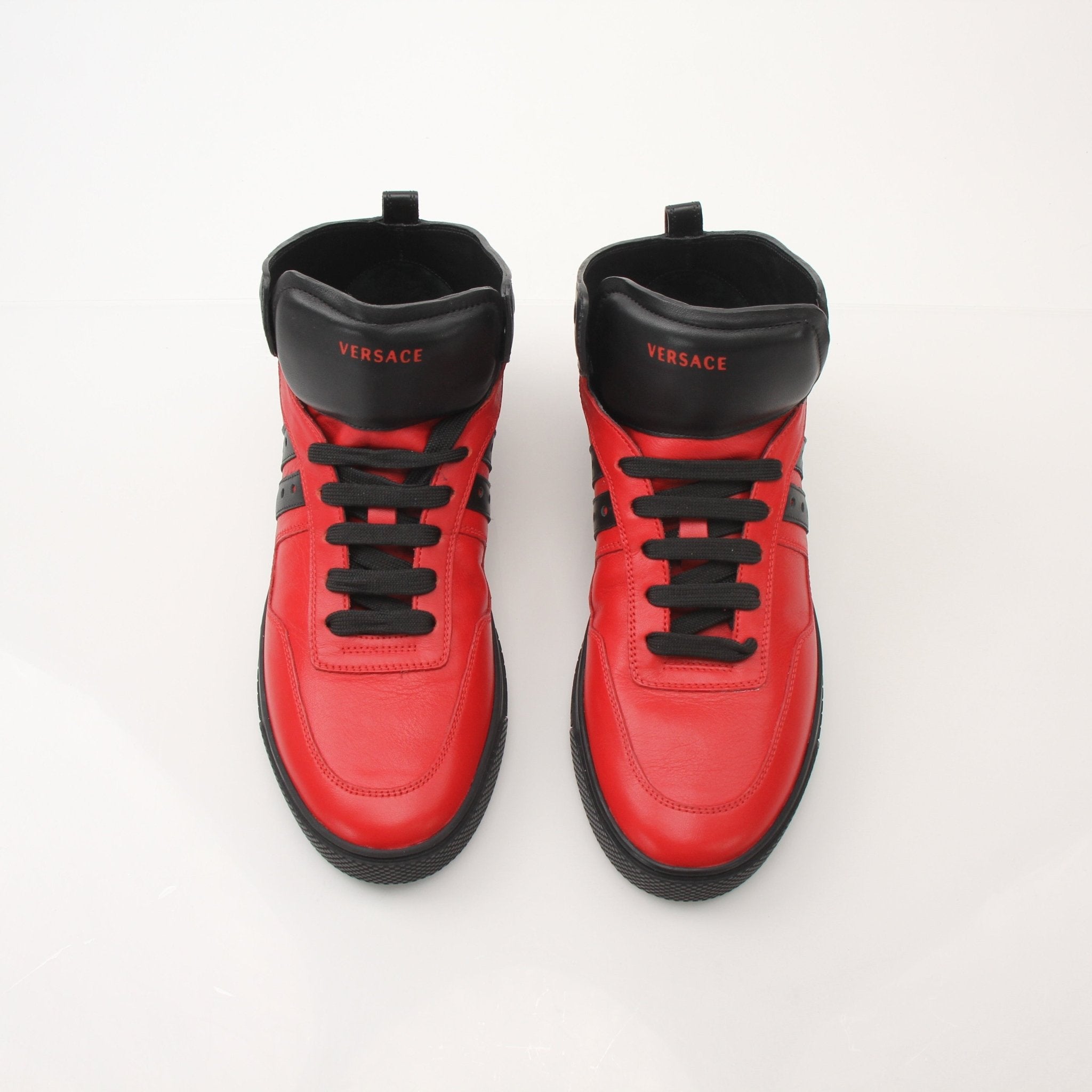 Red Versace men's mid-top sneakers by Gold & Beyond featuring stylish design and comfortable shoes for casual wear.
