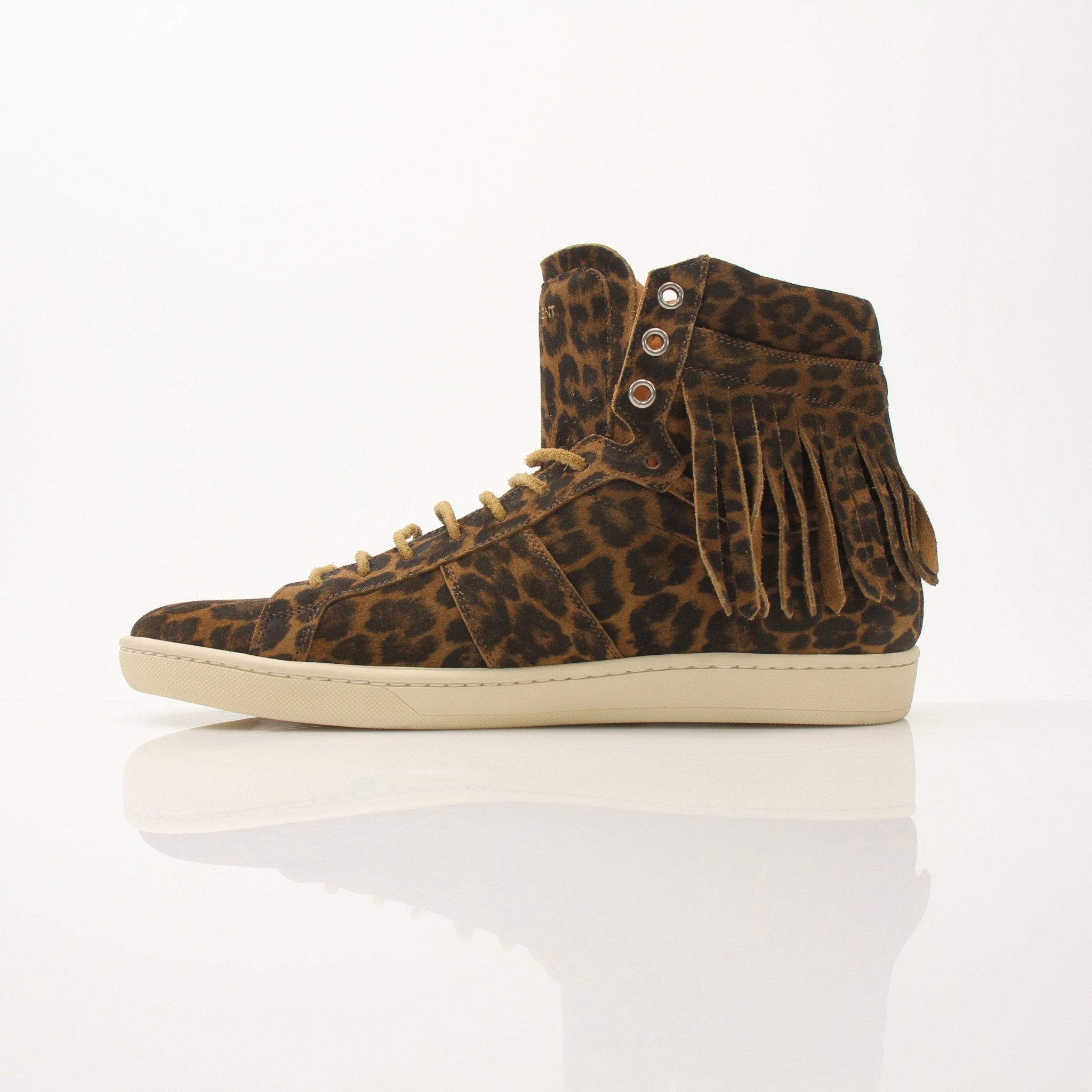 Gold & Beyond Saint Laurent Men’s SL-18 Fringe High Top Sneakers featuring black leather, fringe details, and high-top design.