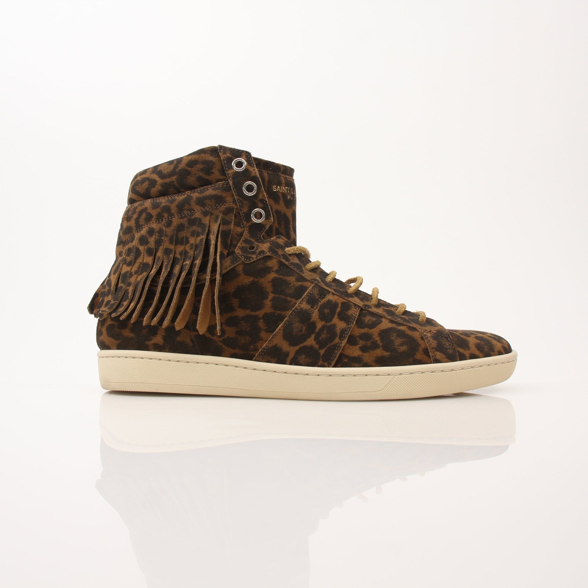 Gold & Beyond Saint Laurent Men’s SL-18 Fringe High Top Sneakers showing black leather shoes with fringed design and high-top style.