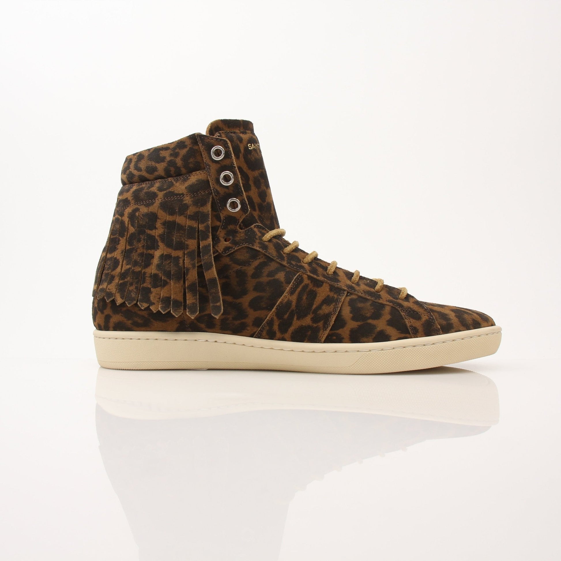 Gold & Beyond Saint Laurent Men’s SL-18 Fringe High Top Sneakers showing black leather shoes with fringe details and high-top design.