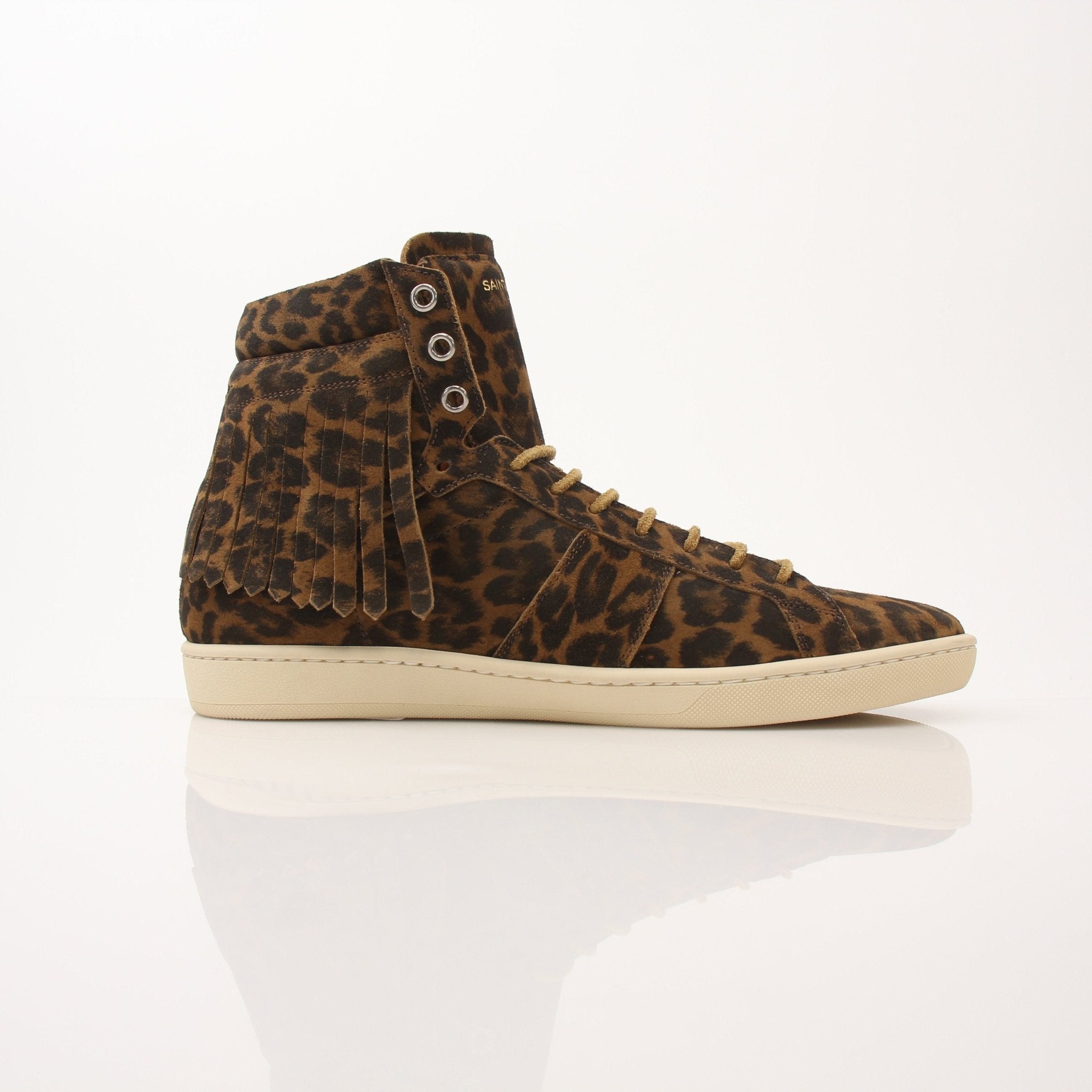 Gold & Beyond Saint Laurent Men’s SL-18 Fringe High Top Sneakers showing black leather shoes with fringe details and high-top design.
