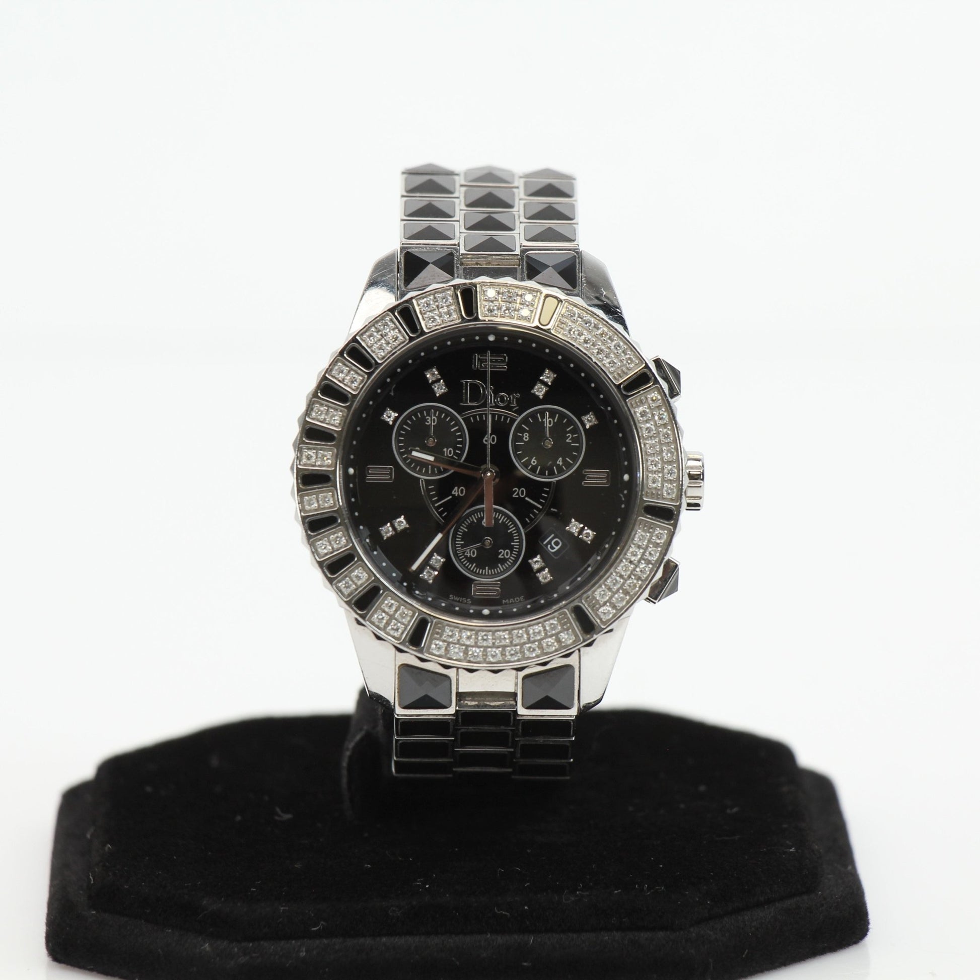 Dior Diamond Chronograph Watch with gold-tone case and diamond accents, displayed on a white background.