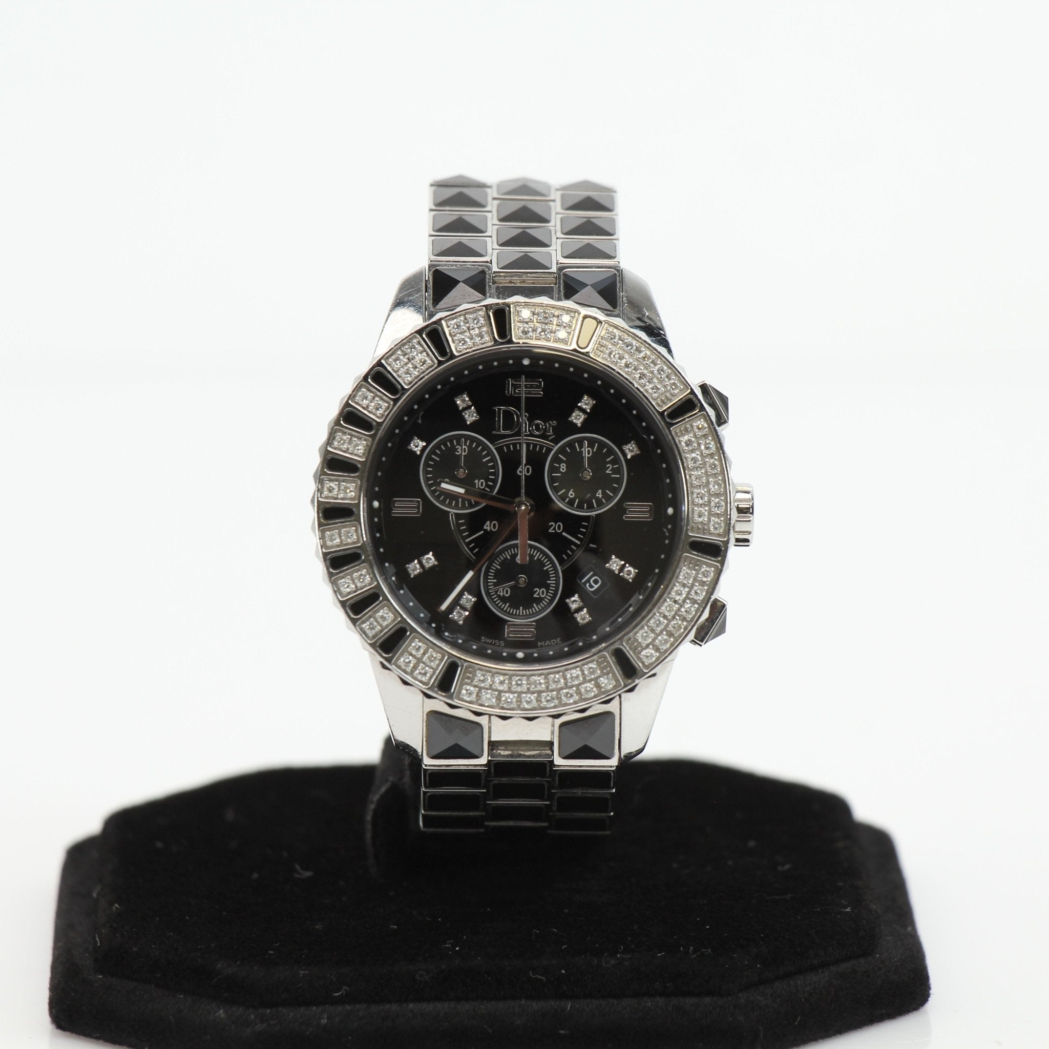 Dior Diamond Chronograph Watch with gold-tone case and diamond accents, displayed on a white background.