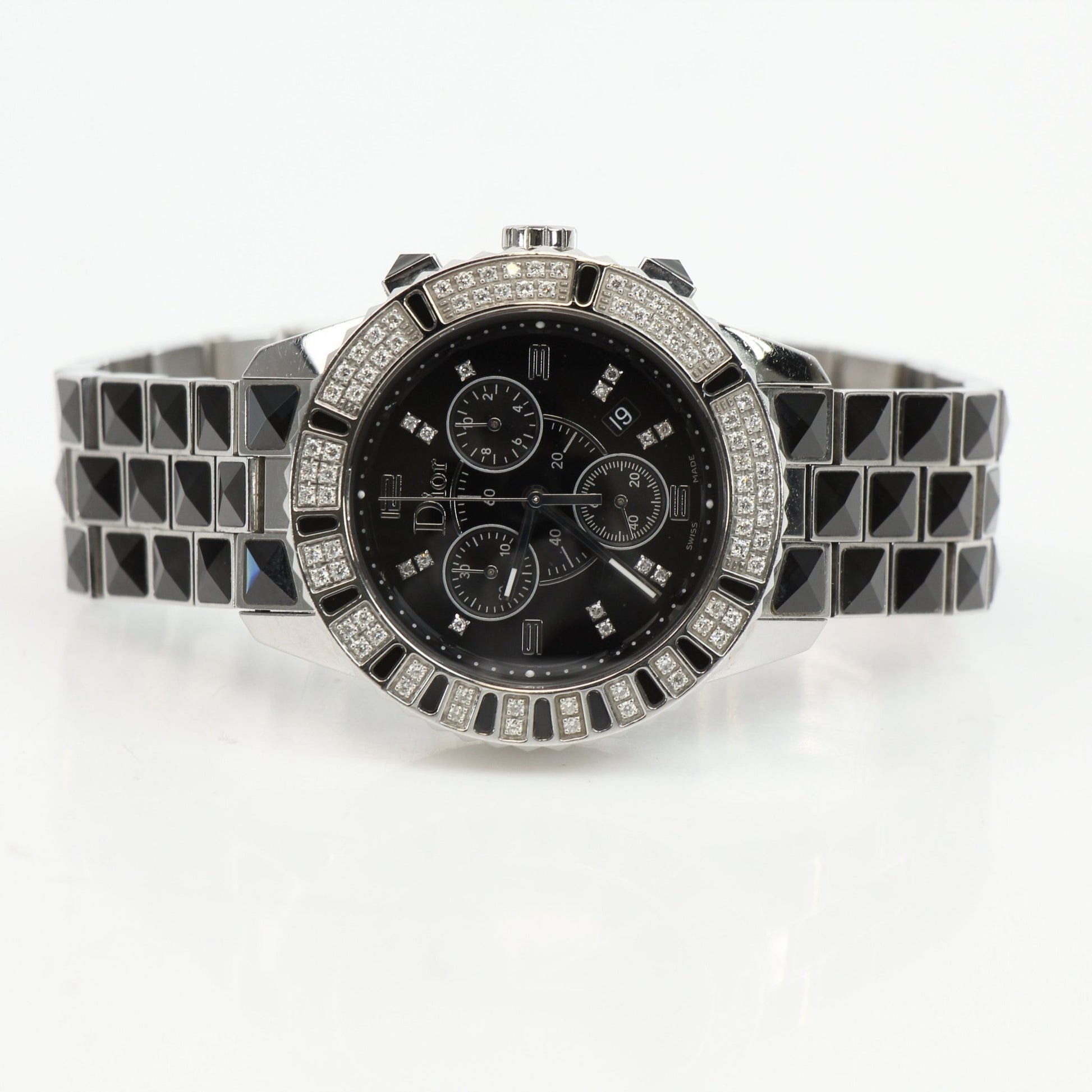 Dior Diamond Chronograph Watch with gold-tone band and sparkling diamond accents, showcasing luxurious timepiece design.