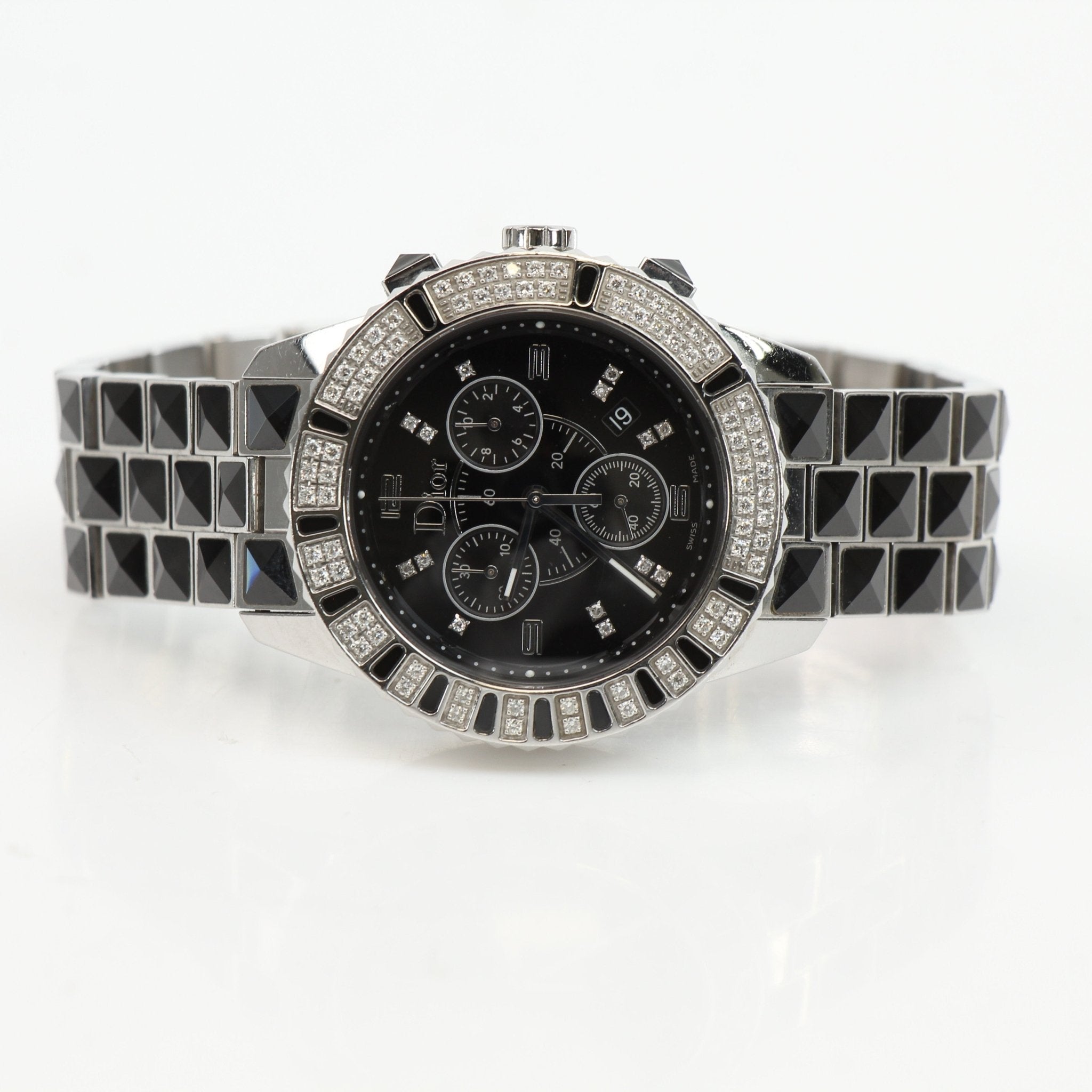 Dior Diamond Chronograph Watch with gold-tone band and sparkling diamond accents, showcasing luxurious timepiece design.