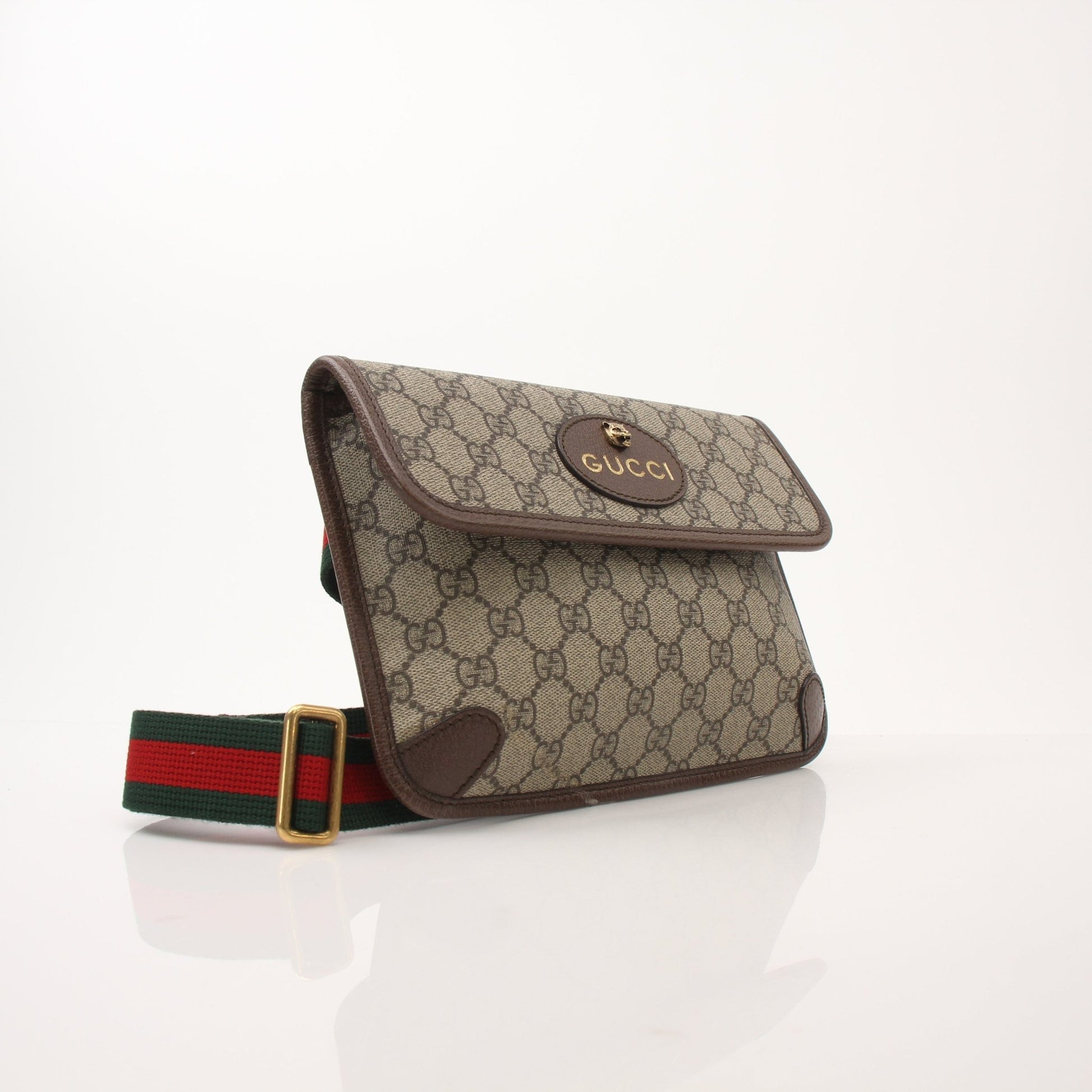 Gold & Beyond Gucci Web Belt Bag handbag with adjustable strap and signature logo detailing, stylish and compact accessory.