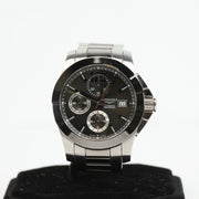 Gold & Beyond Longines automatic chronograph watch with stainless steel bracelet and black dial, showcasing elegant watch design.