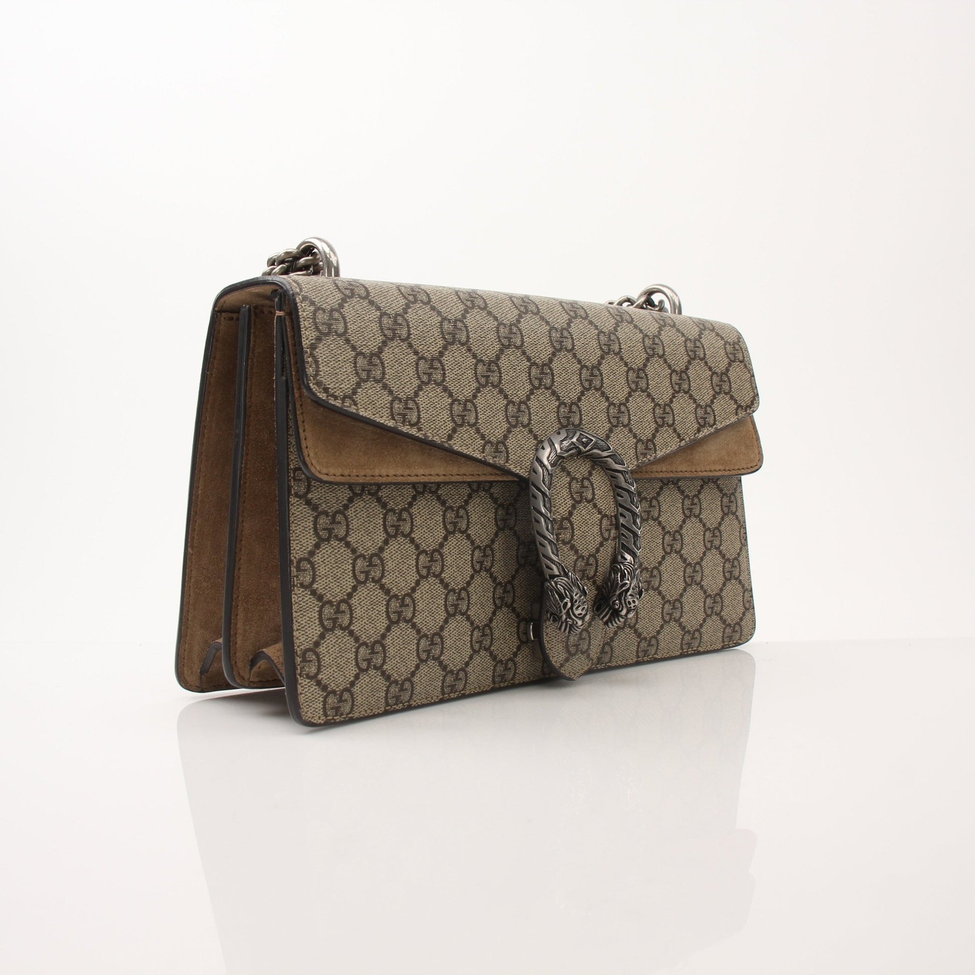 Gold & Beyond Gucci Dionysus shoulder handbag with tiger head closure and leather strap, stylish and luxurious accessory.