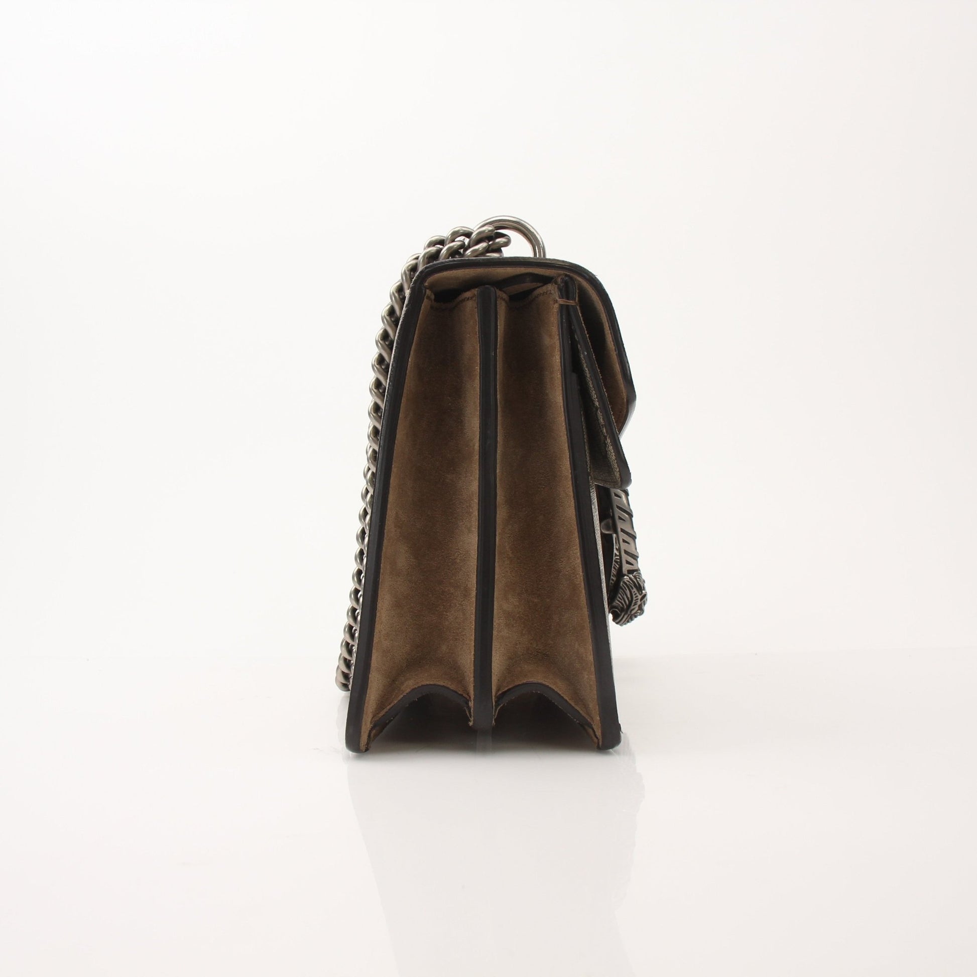 Gold & Beyond Gucci Dionysus shoulder handbag with tiger head closure, featuring textured leather and chain strap detail.