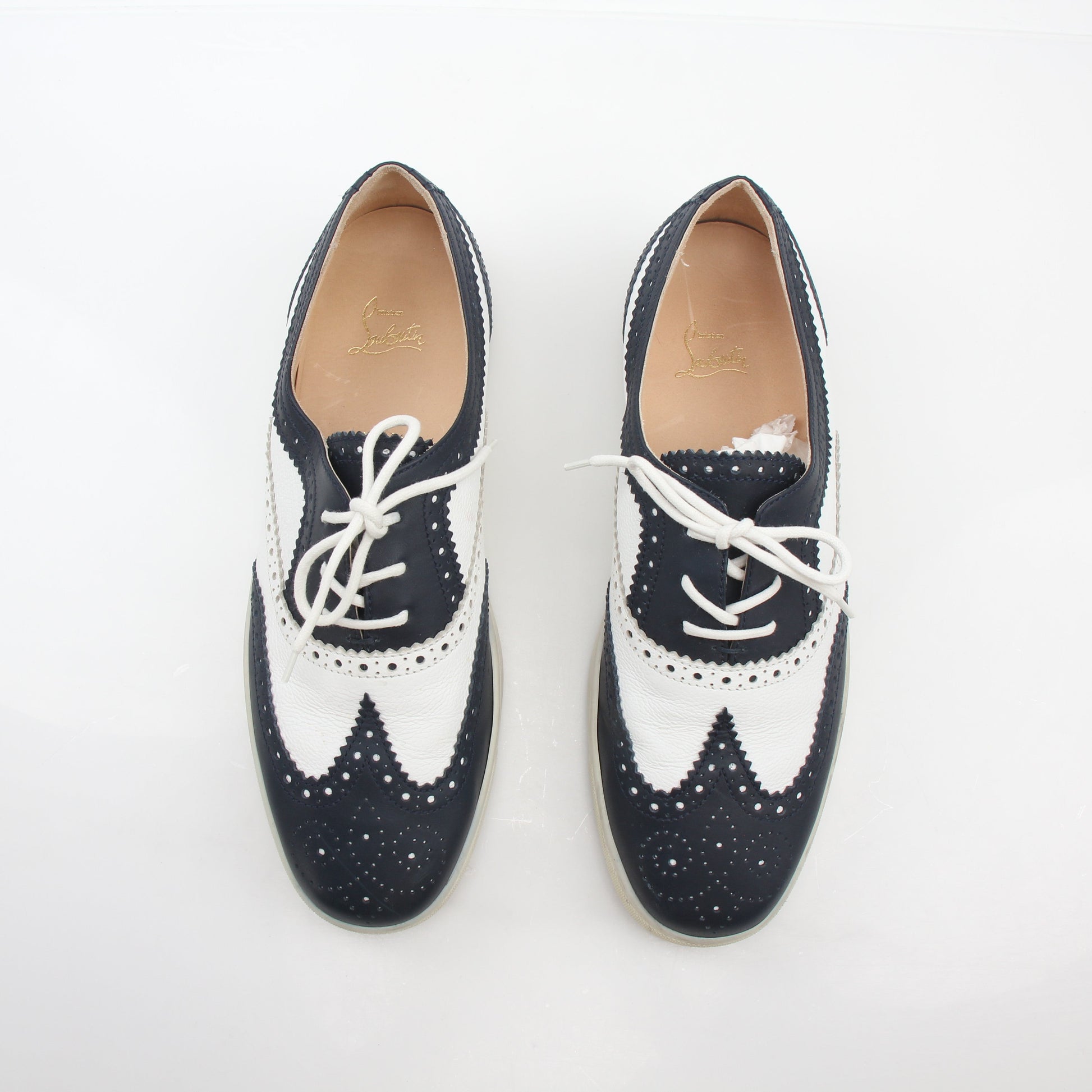 Christian Louboutin Navy and White Golfito Flat Sneakers, stylish shoes with a sleek design and signature detailing.