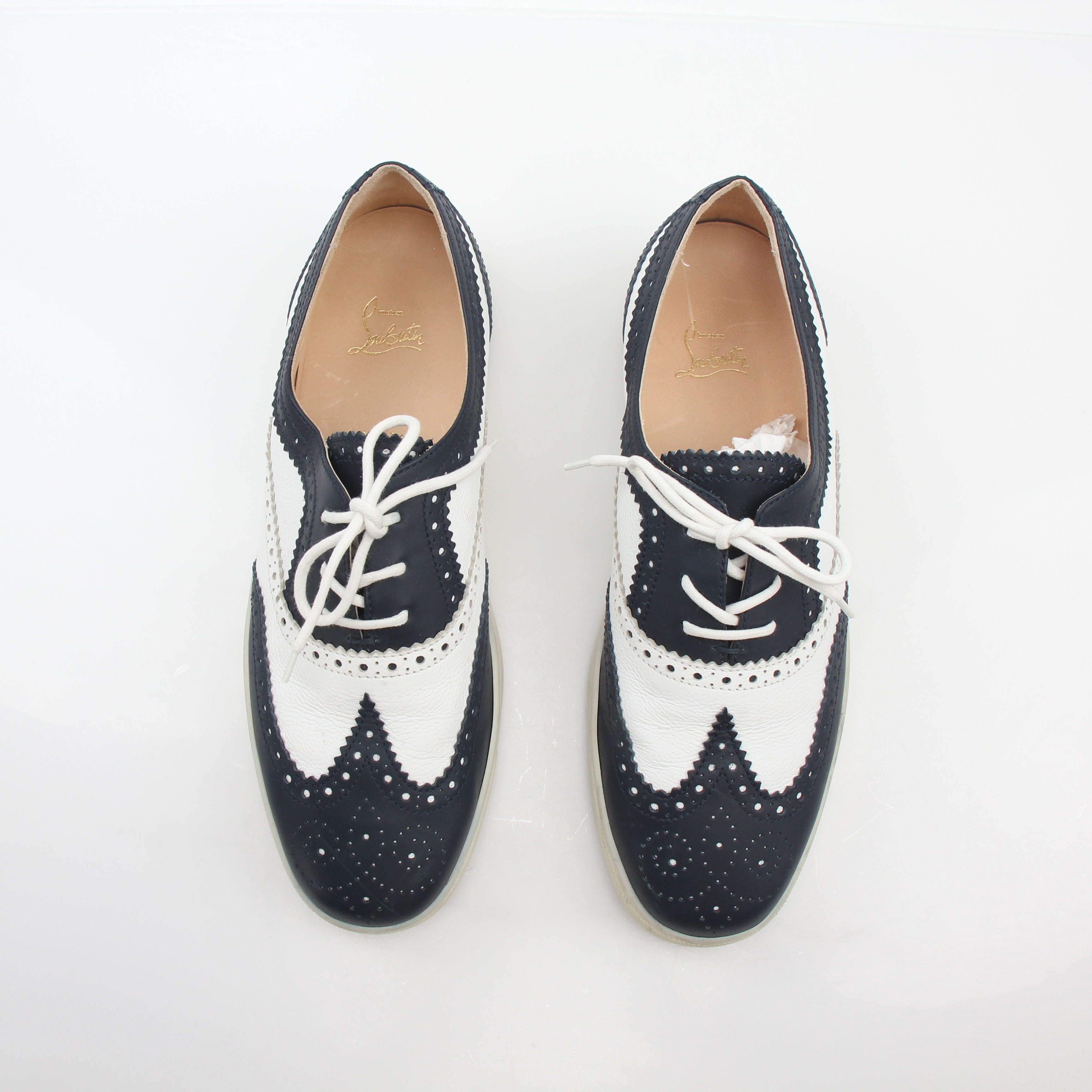 Christian Louboutin Navy and White Golfito Flat Sneakers, stylish shoes with a sleek design and signature detailing.