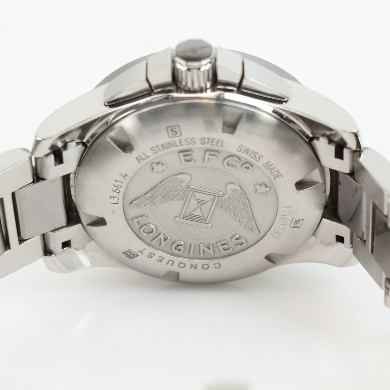 Gold & Beyond Longines automatic chronograph watch showing a stainless steel case, black dial, and chronograph subdials.