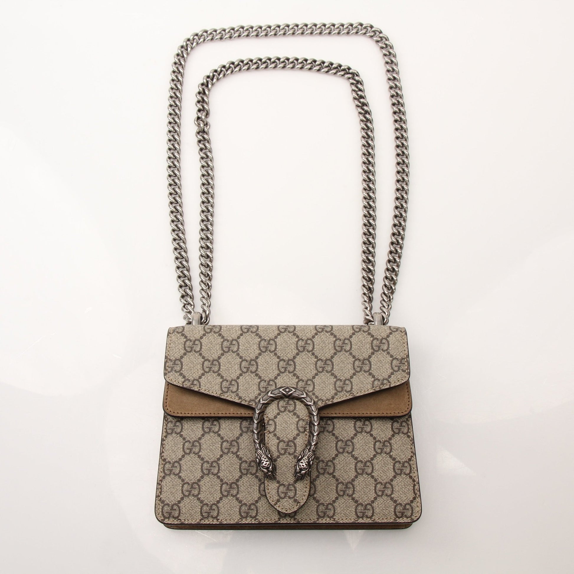 Gold & Beyond Gucci Dionysus Mini Shoulder Bag, black handbag with gold hardware and signature tiger head clasp, shown on a white background.